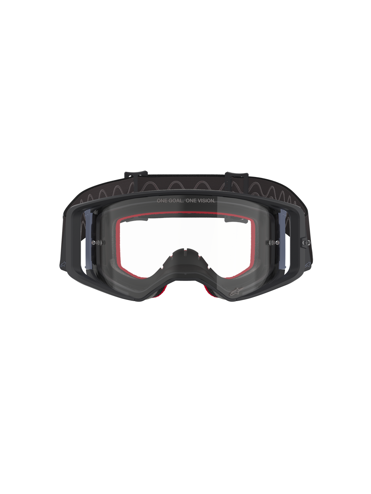 Alpinestars Supertech Corp Goggles, Motocross-Brille, Schwarz und Grau mit klarem Glas, Frontansicht mit rotem Innenschaum und breitem schwarzem verstellbarem Band, Hochleistungs-Offroad-Brille