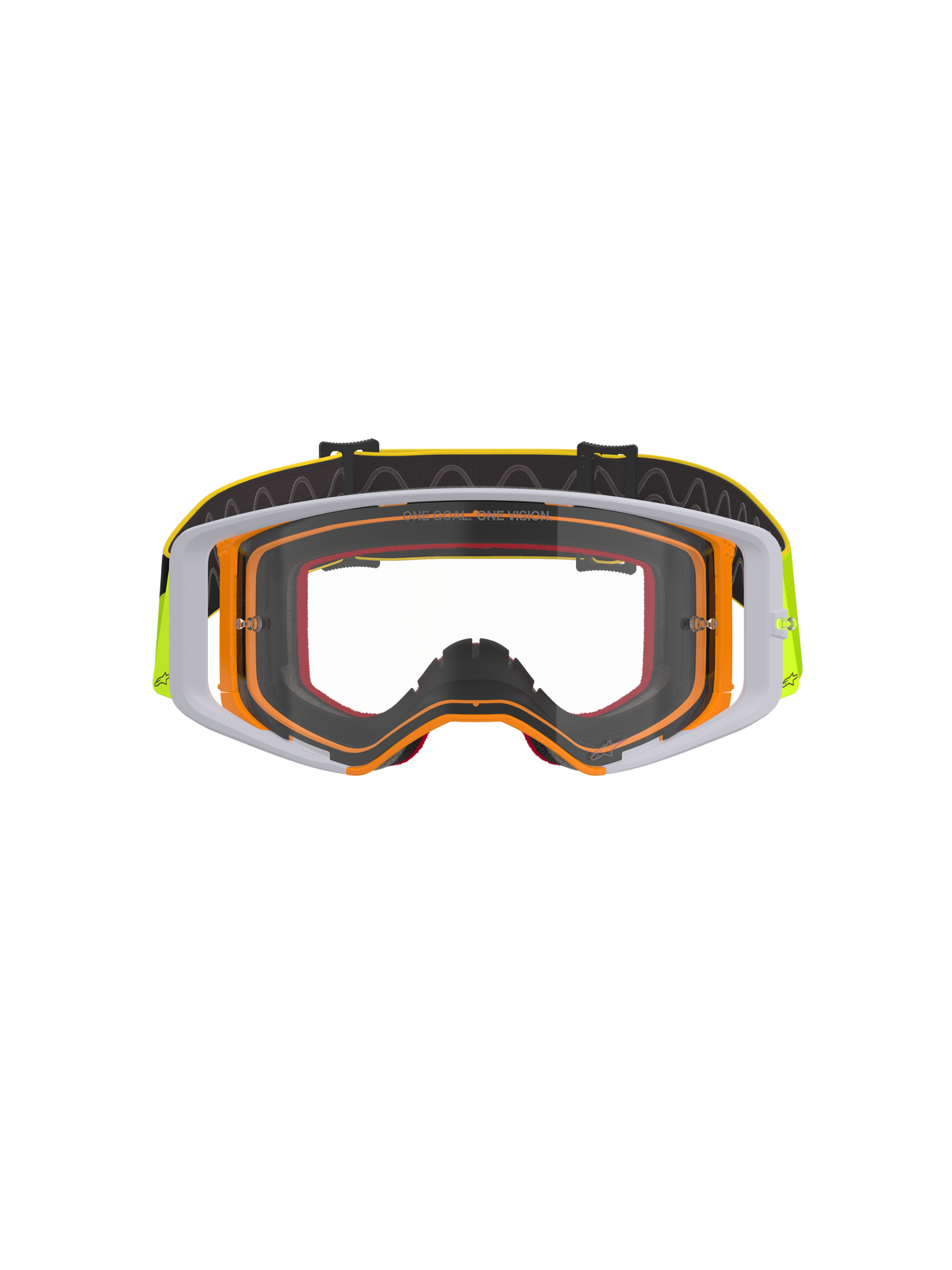 Alpinestars Supertech Corp Goggles, Motocross-Brille, neongelber und weißer Rahmen mit klarer Scheibe, graue Akzente, schwarzes verstellbares Band mit gelbem Branding und internem Silikon-Grip, Hochleistungs-Augenschutz für den Offroad-Rennsport
