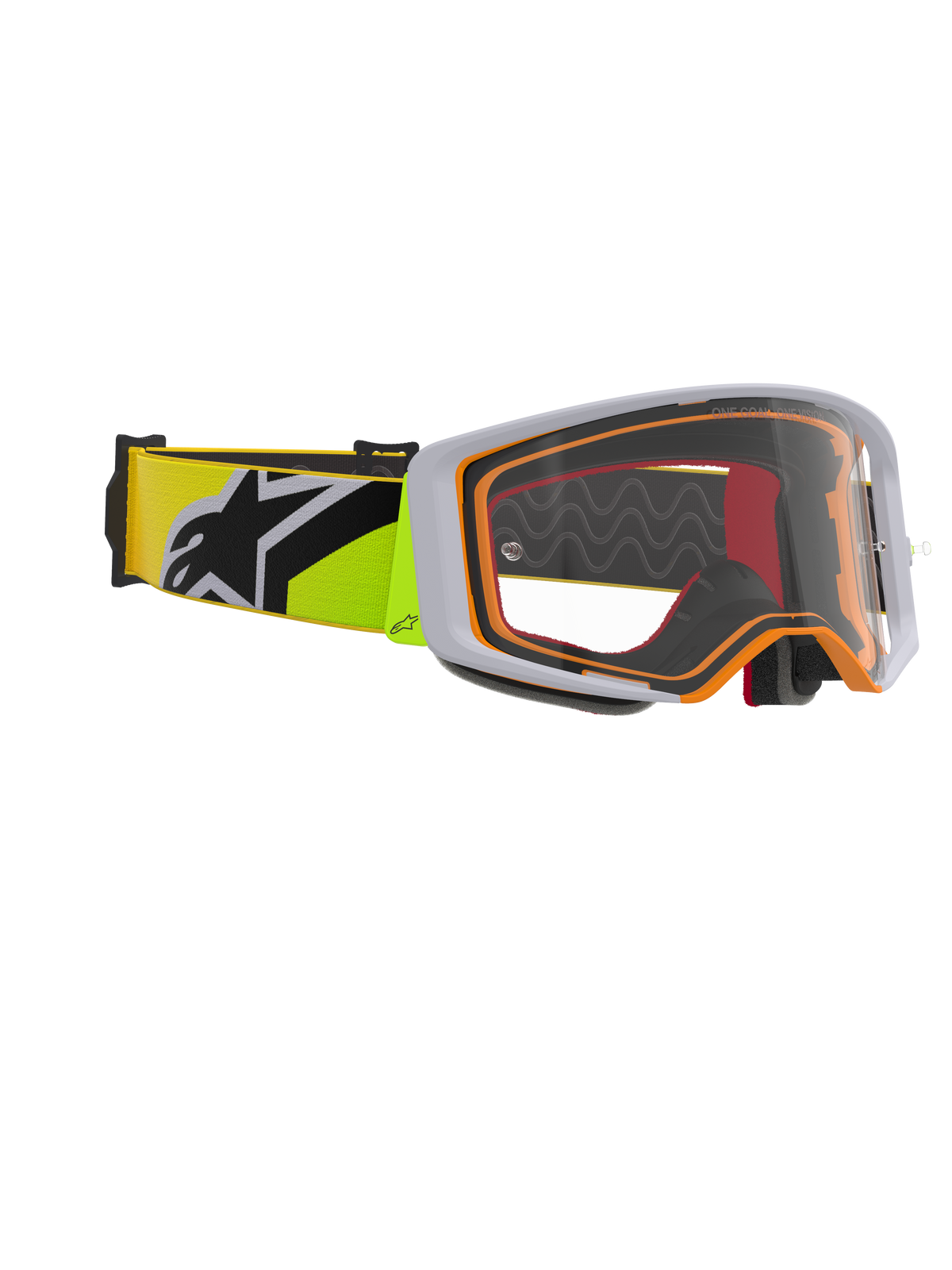 Alpinestars Supertech Corp Goggle, Motocross-Brille, Gelb Fluo und Grau, klare Sichtscheibe mit orangefarbenen Rahmenakzenten, gelbes Fluo-Band mit schwarzem Alpinestars-Logo für den Offroad-Rennsport.