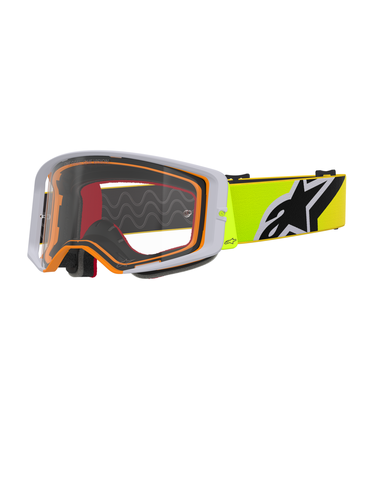 Alpinestars Supertech Corp Goggles, Motocross-Brille, Fluo-Gelb Grau Klar, grauer Außenrahmen mit orangefarbener Innendichtung, klare Scheibe, leuchtend gelbes Brillenband mit schwarz-weißem Alpinestars-Logo, Hochleistungsbrille für den Offroad-Rennsport