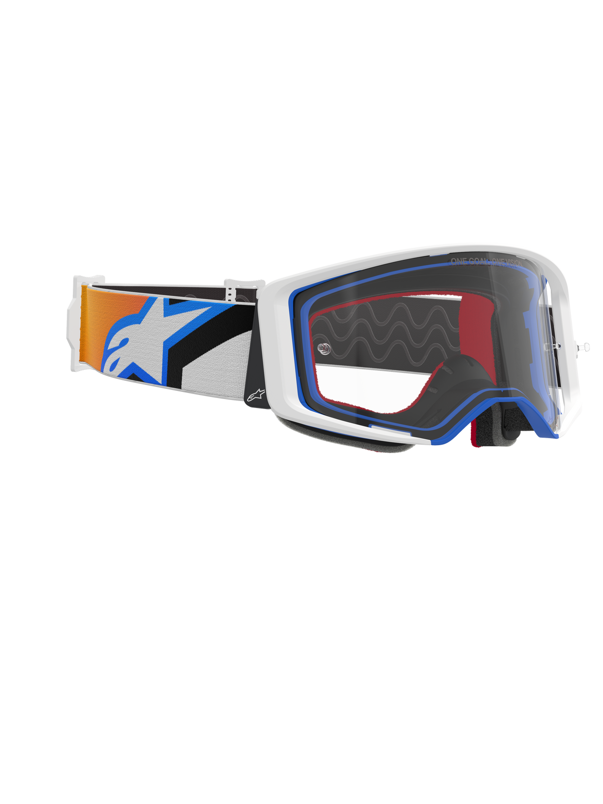 Alpinestars Supertech Corp Goggles, Motocross Goggles, Blue Orange and Clear, side view showing clear lens, white frame with blue and red accents, and wide strap with orange and blue graphics and large white Alpinestars logo.