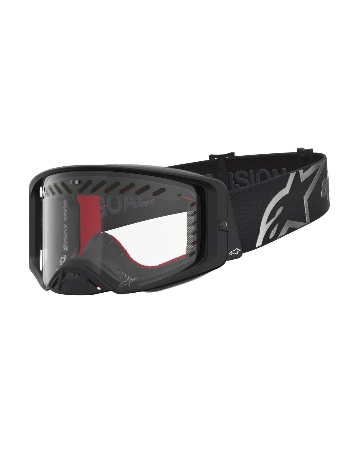 Alpinestars Supertech Dura Air Fluid Schutzbrille für Motocross, Schwarz und Silber, klare Scheibe und breites Logoband.