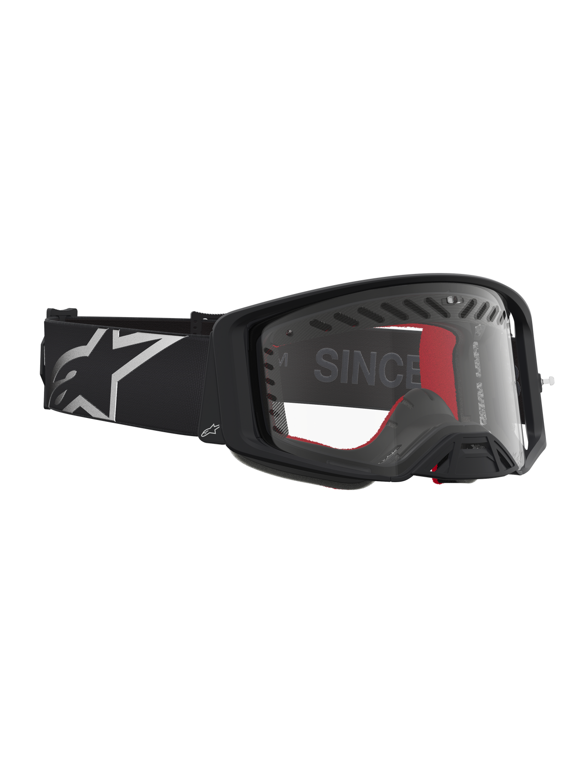 Alpinestars Supertech Dura Air Fluid Schutzbrille, MX-Rennbrille in Schwarz und Silber mit klarer Polycarbonat-Linse.