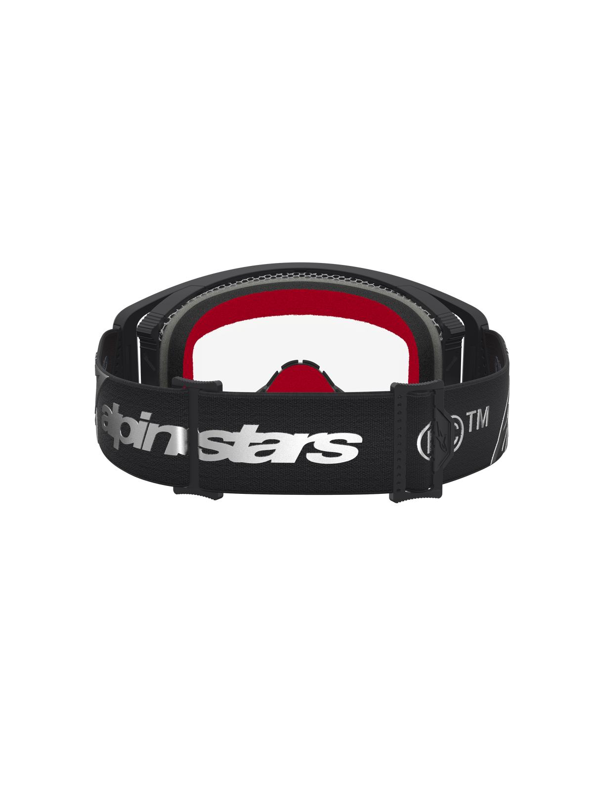 Alpinestars Supertech Dura Air Fluid Motocross-Schutzbrille, Schwarz und Silber, klare Scheibe und rote Innenpolsterung.