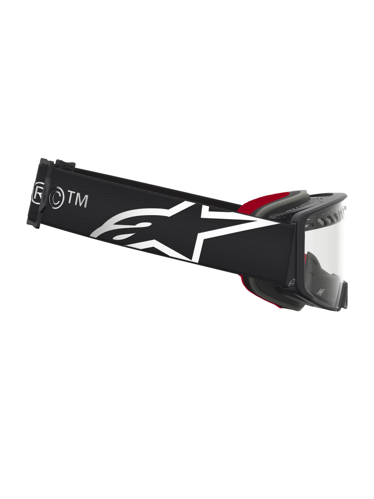 Alpinestars Supertech Dura Air Fluid Schutzbrille, Motocross-Schutzbrille in Schwarz und Silber mit Logo-Band.