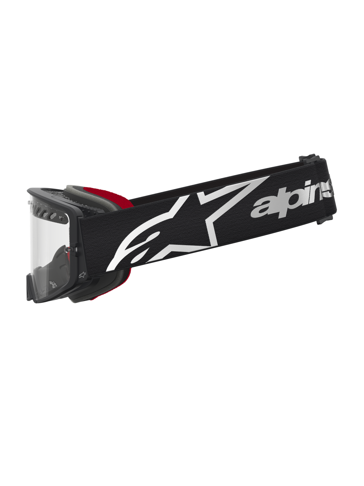 Alpinestars Supertech Dura Air Fluid Motocross-Schutzbrille in Schwarz und Silber mit klarem Glas und roter Polsterung.