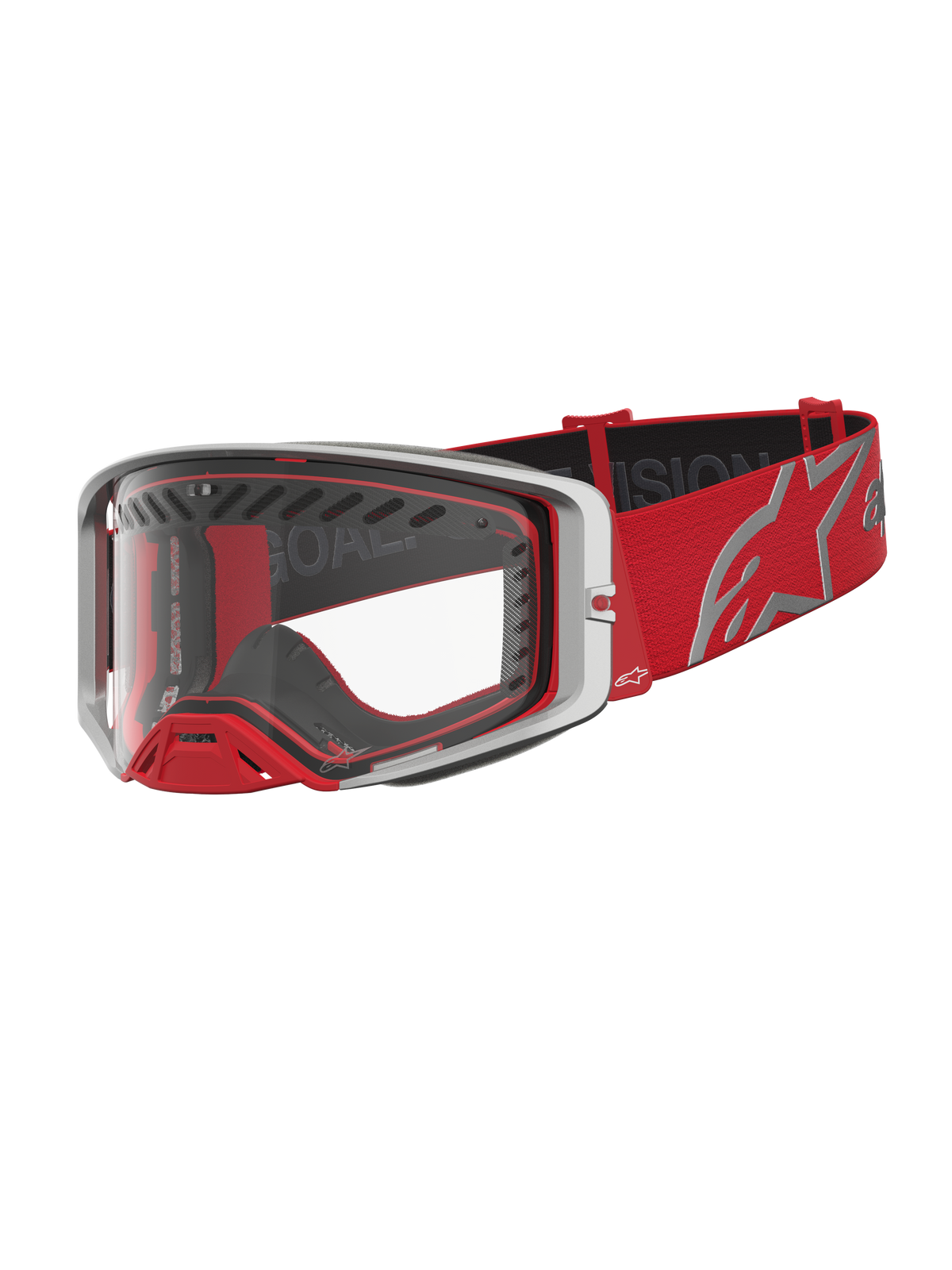 Alpinestars Supertech Schutzbrille Dura Air Fluid, Motocross-Schutzbrille in Rot und Silber mit klarer Polycarbonat-Scheibe.