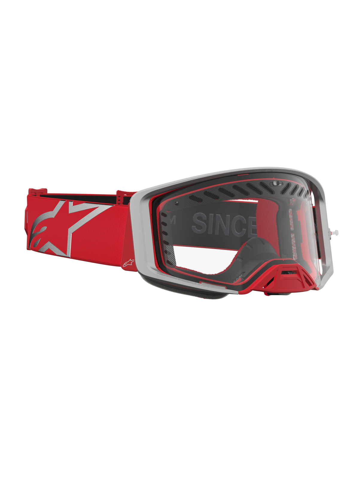 Alpinestars Supertech Dura Air Fluid Motocross-Schutzbrille, Rot und Silber, klare Sichtscheibe, Belüftungssystem.