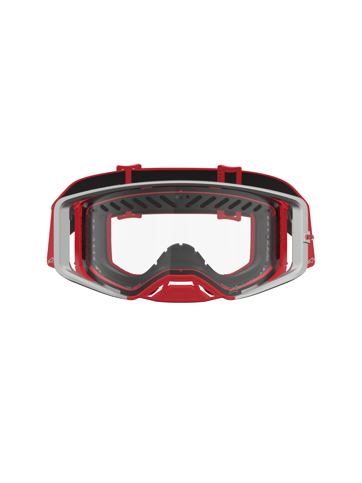Alpinestars Supertech Schutzbrille Dura Air Fluid, Motocross-Brille in Rot und Silber mit klarer Polycarbonat-Linse.