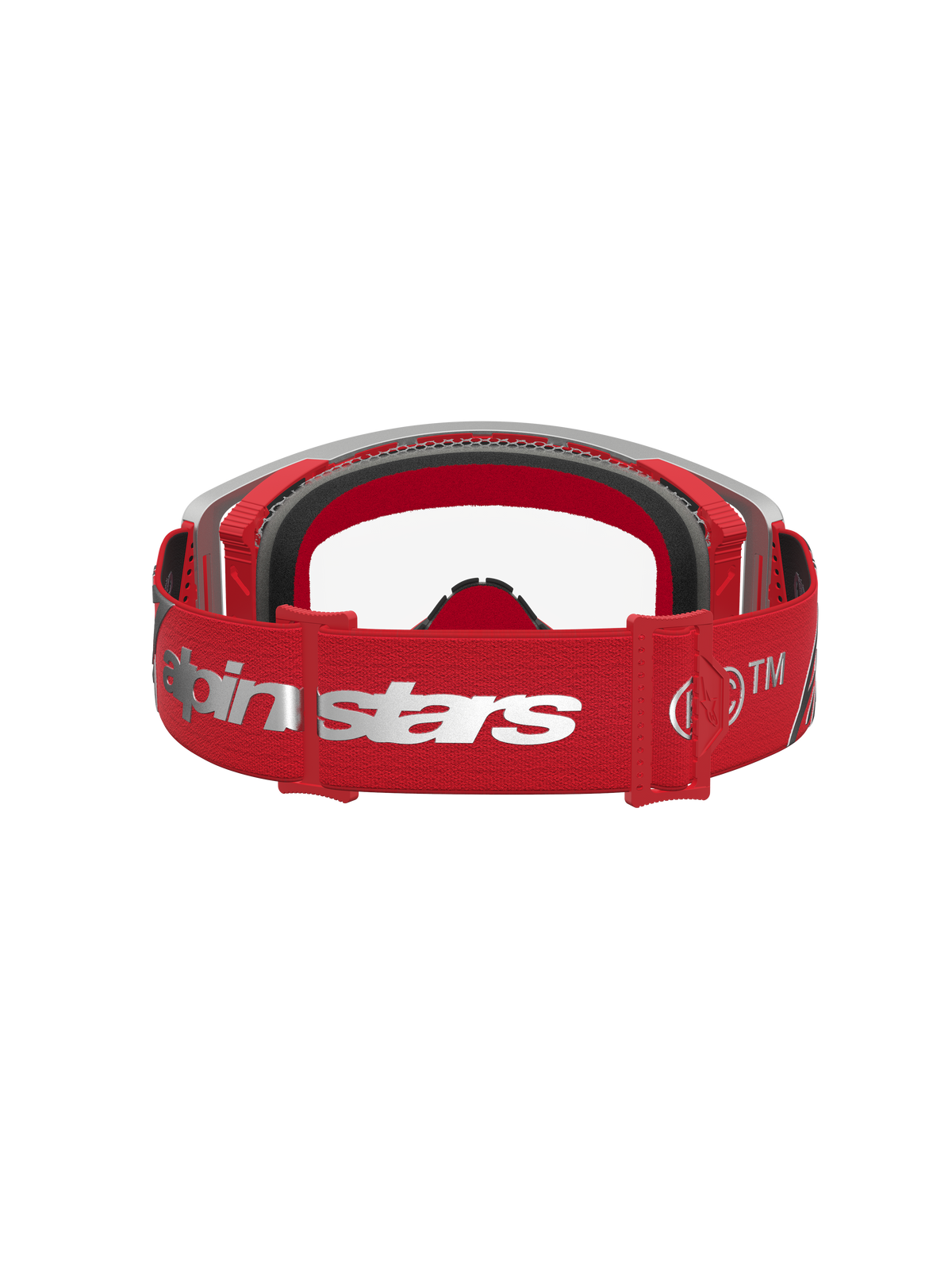 Supertech Schutzbrille Dura Air Fluid, Motocross-Brille in Rot und Silber, verstellbares Logo-Band und Schaumstoffpolsterung.