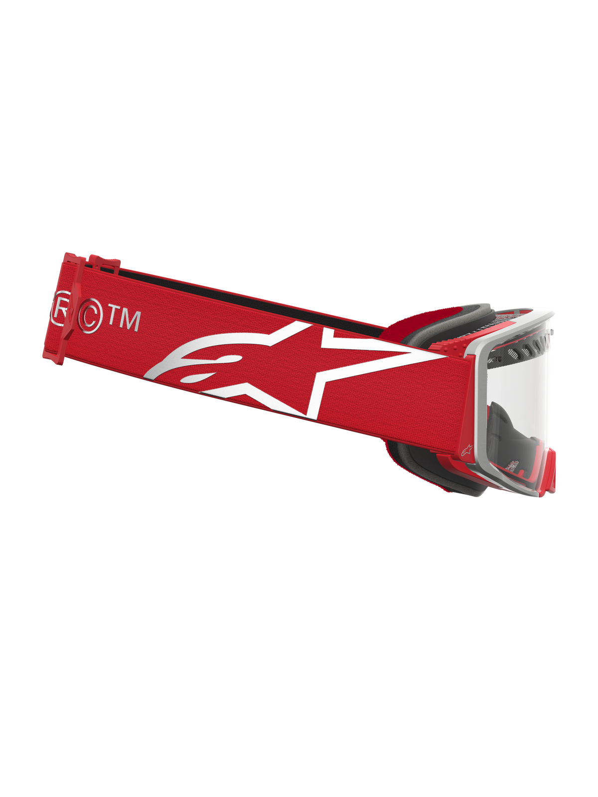 Alpinestars Supertech Schutzbrille Dura Air Fluid, Motocross-Schutzbrille für den Rennsport, Rot und Silber, klare Scheibe und weißes Stern-Logo auf dem Brillenband.
