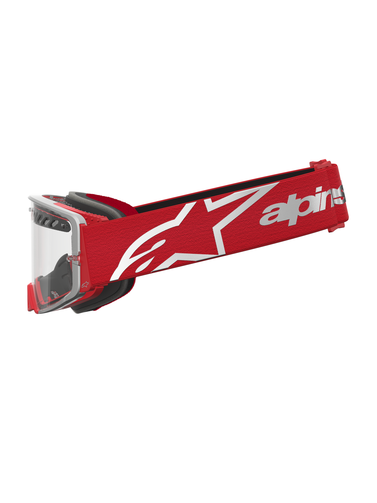 Alpinestars Supertech Schutzbrille Dura Air Fluid, Motocross-Schutzbrille, Rot und Silber, klare Scheibe, weißes Logo-Band.