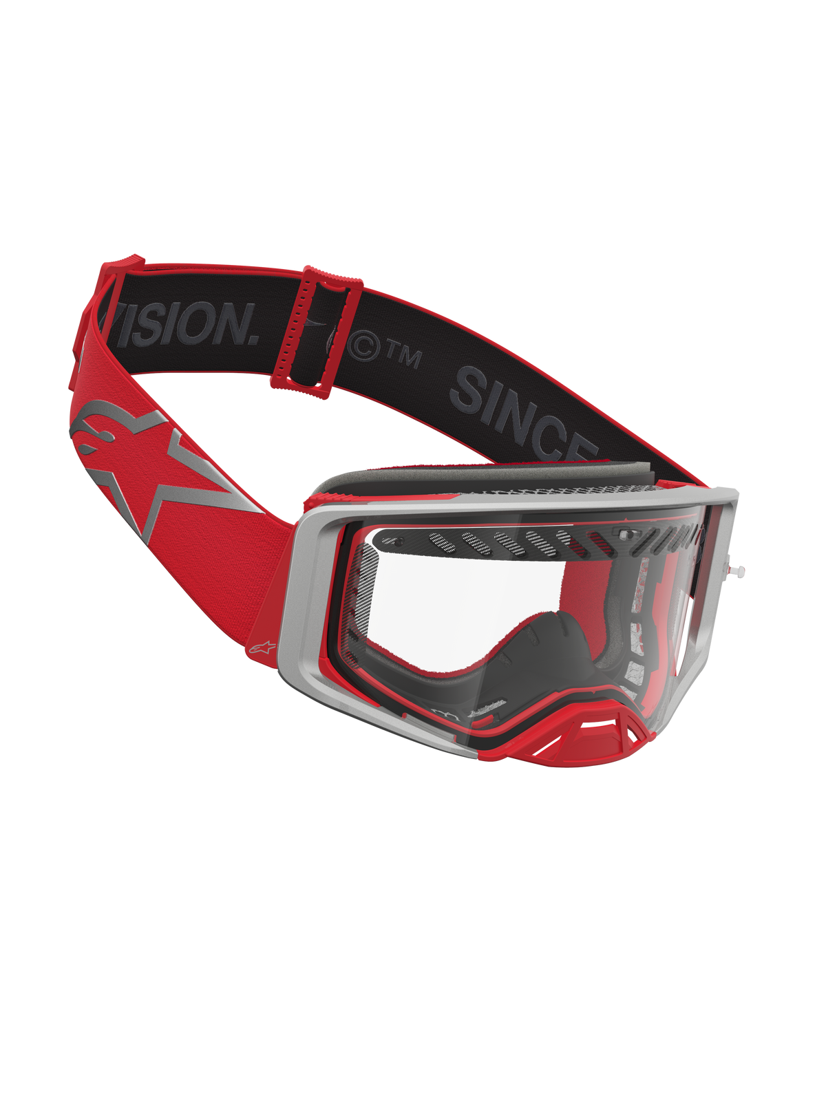Alpinestars Supertech Schutzbrille Dura Air Fluid, Motocross-Brille in Rot und Silber mit klarer Sichtscheibe und Belüftung.