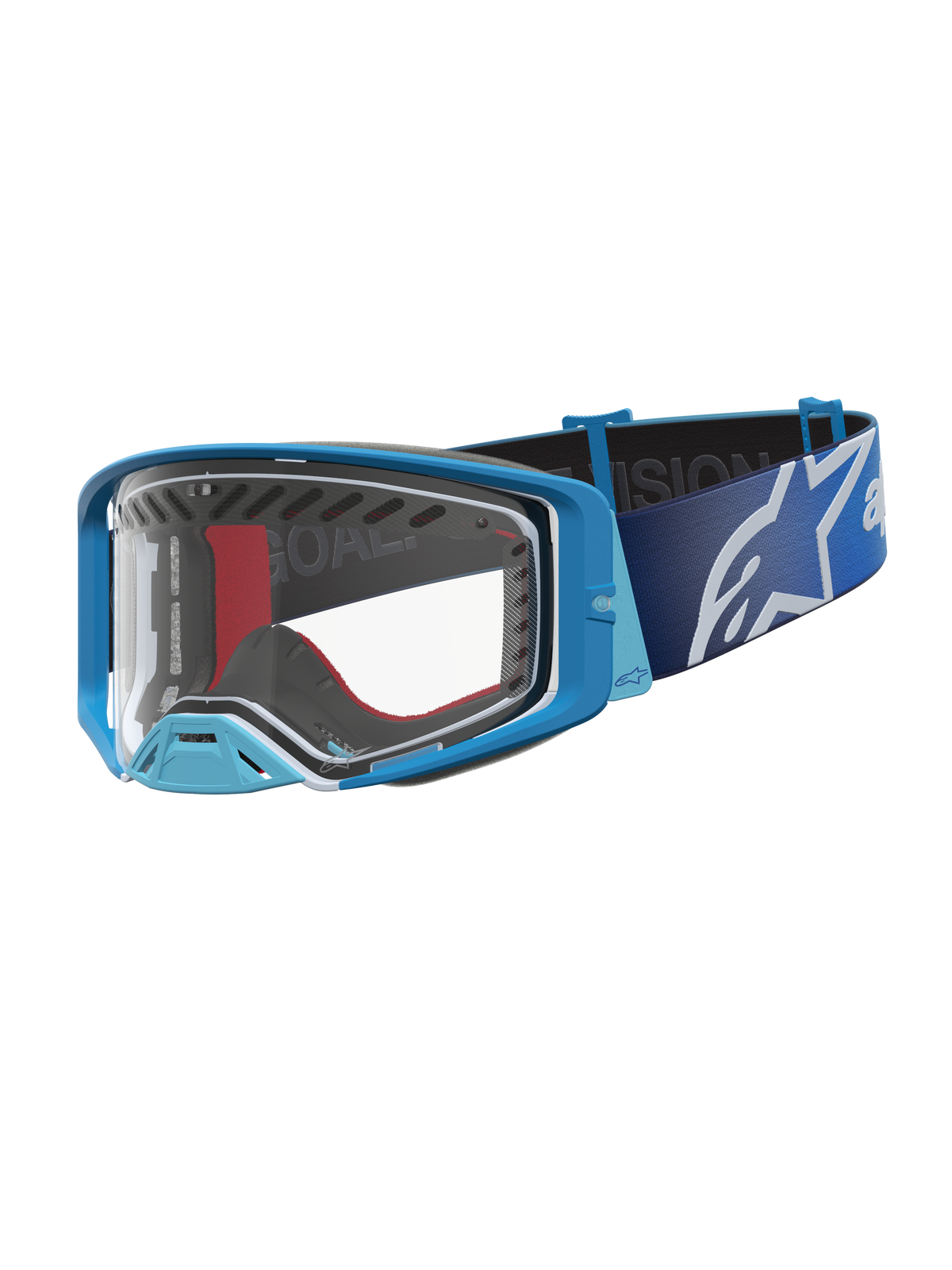 Alpinestars Supertech Dura Air Fluid Motocross Goggles in blue fade and silver with a clear lens for off-road racing.