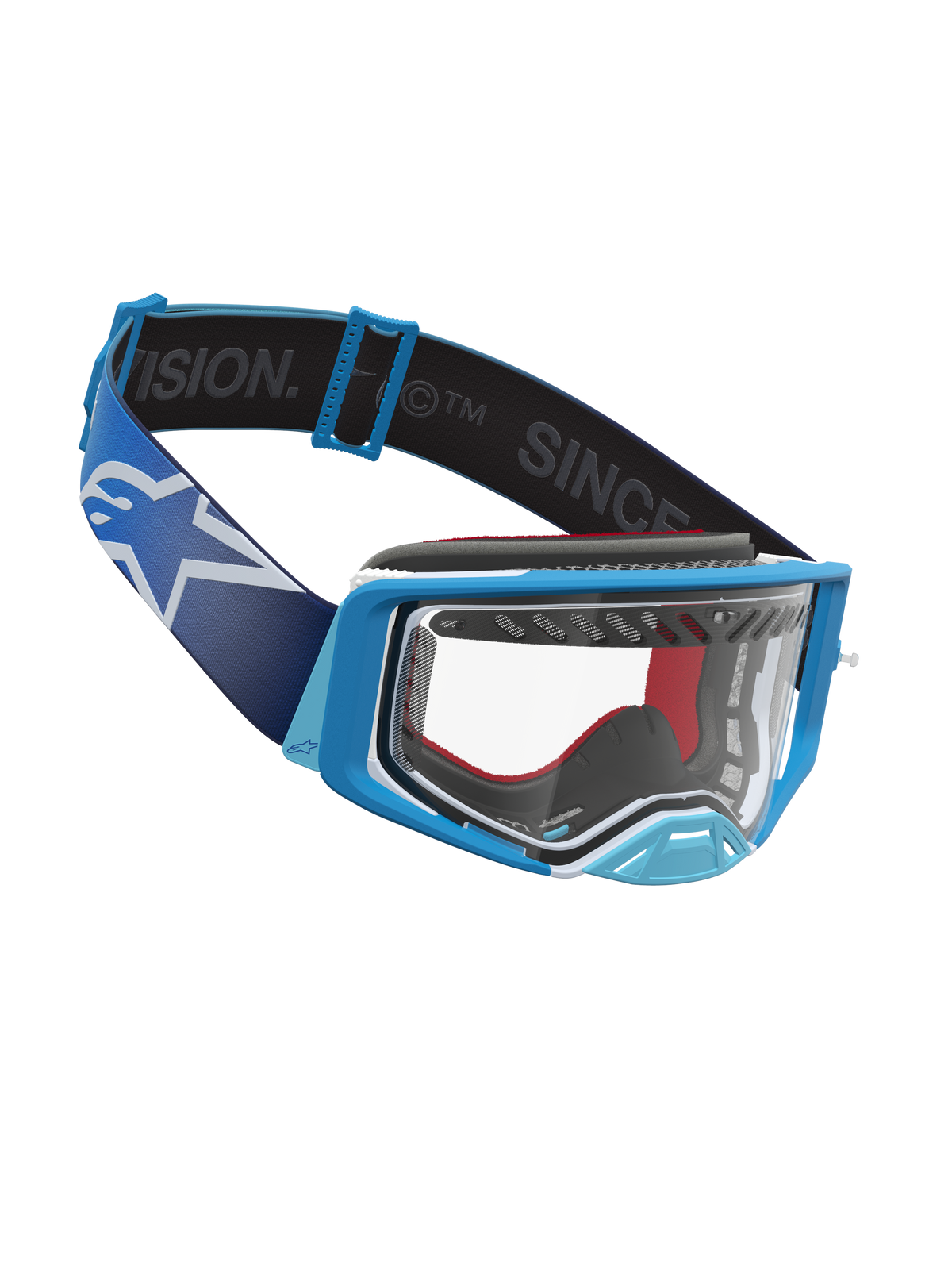 Alpinestars Supertech Dura Air Fluid Goggles, motocross racing, blue and white, clear polycarbonate lens, wide strap.