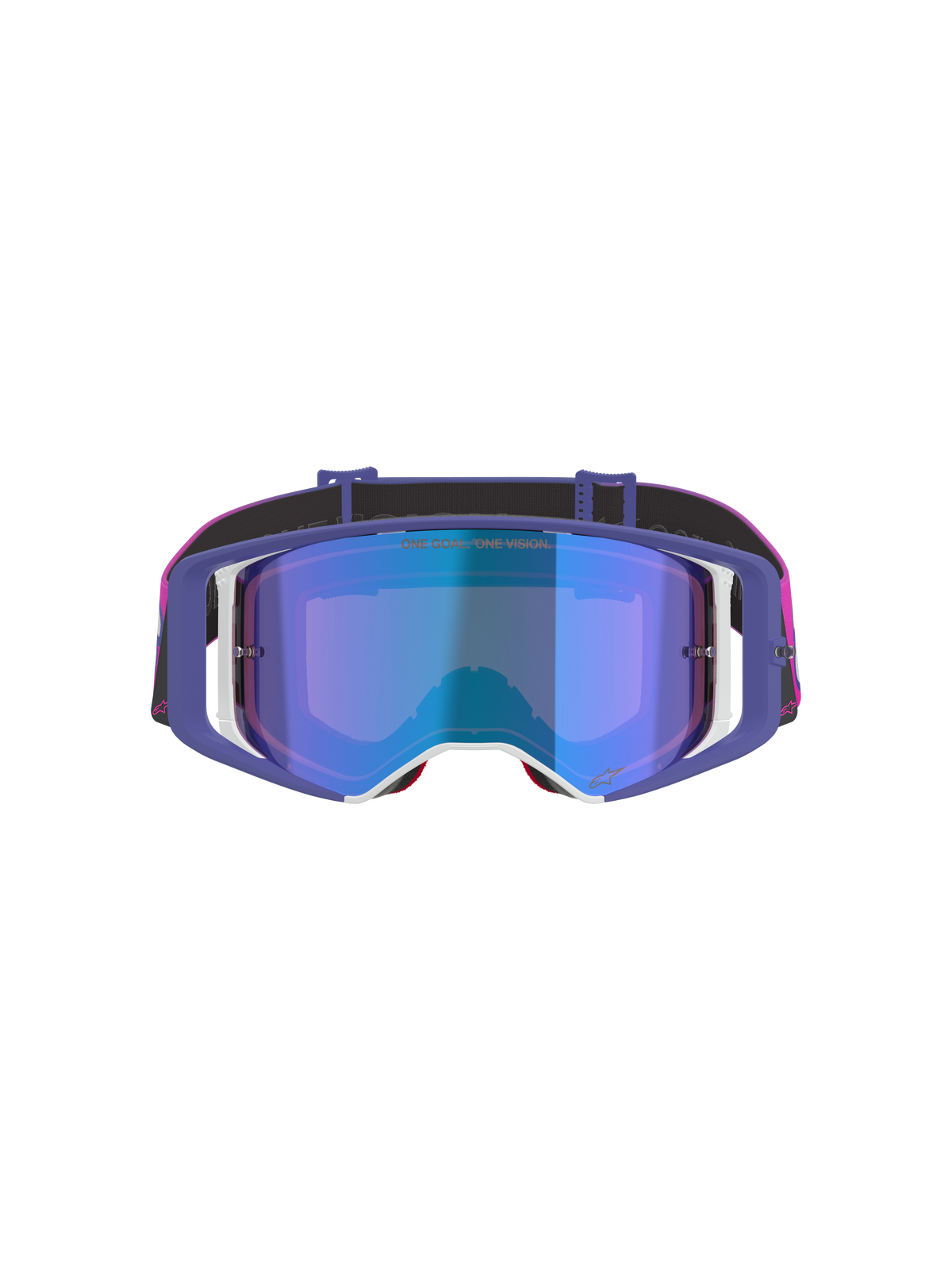 Alpinestars Supertech Vision Vista Schutzbrille, Motocross-Brille, Lila, Fluo-Pink und Mirror-Blau, Vorderansicht mit einer blau verspiegelten Scheibe, lila Rahmen mit weißen Akzenten und einem leuchtend pinken und schwarzen Brillenband mit Alpinestars-Branding.