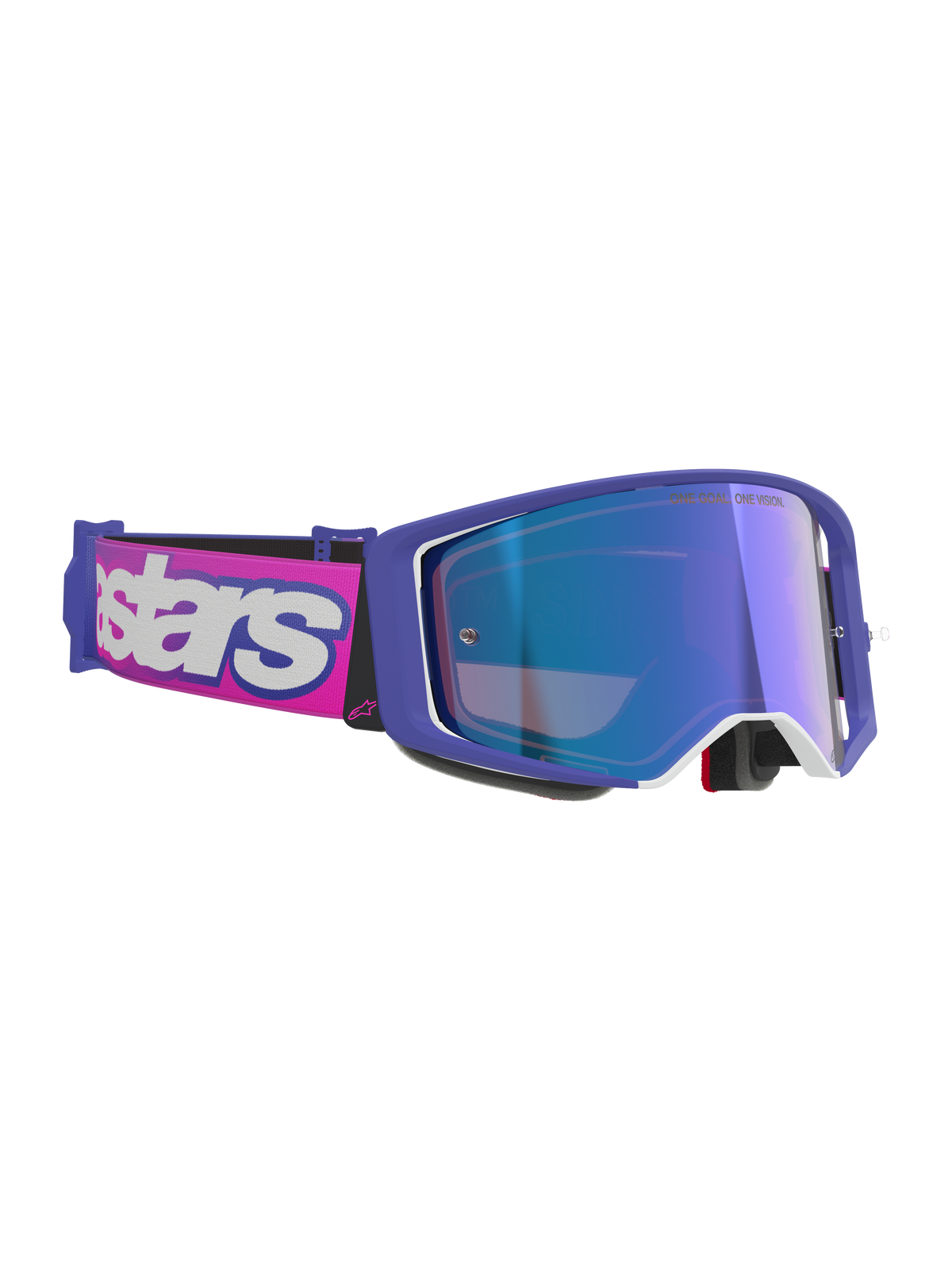 Alpinestars Supertech Vision Vista Brille, Motocross-Brille, lila und fluoreszierend pinker Rahmen mit blau verspiegelter Linse, pinkes Brillenband mit markantem weißem Alpinestars-Branding, professionelle Offroad-Schutzbrille