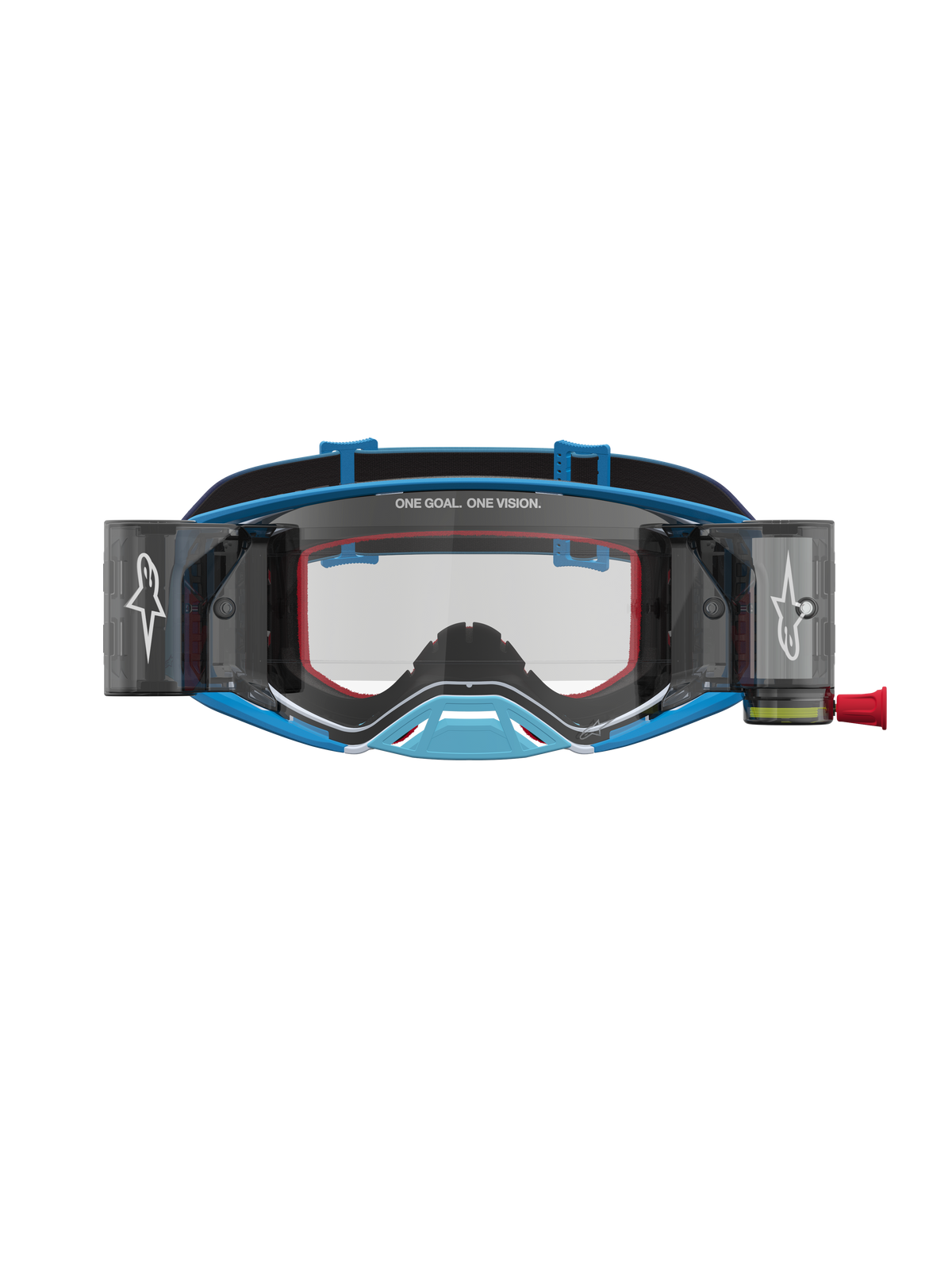Alpinestars Supertech Firma Roll-Off Schutzbrille in Blau und Silber mit klarer Scheibe und Roll-Off-System.