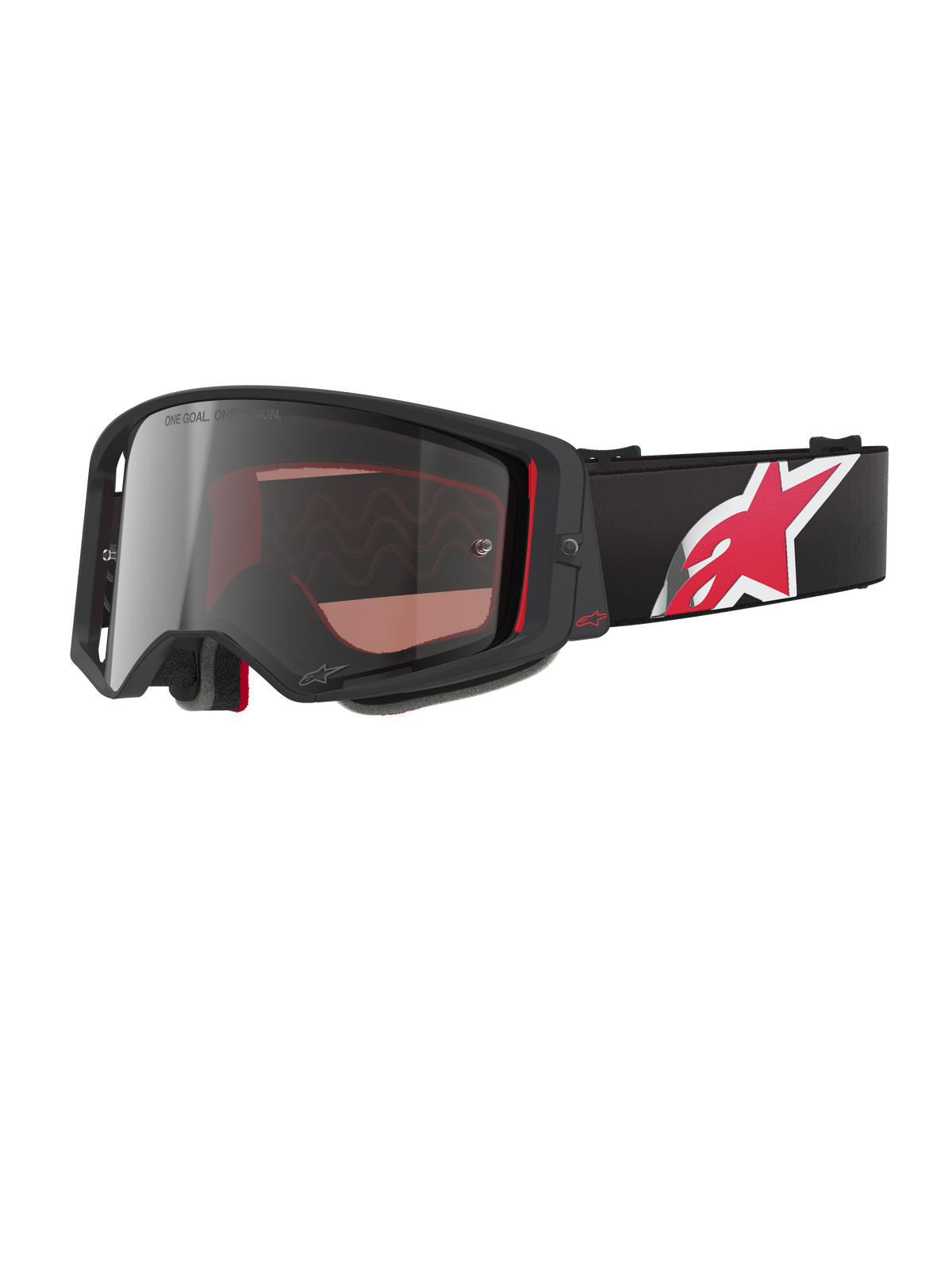 Alpinestars Supertech Corp Goggles Absolute Vision, Motocross-Brille, Schwarz und Rot mit verspiegelter silberner Linse, mit „ONE GOAL. ONE VISION.“ Branding, schwarzes Brillenband mit großem rot-weißem Stern-Logo, kantiges Rahmendesign mit Schaumstoffpolsterung, erstklassiger Offroad-Augenschutz