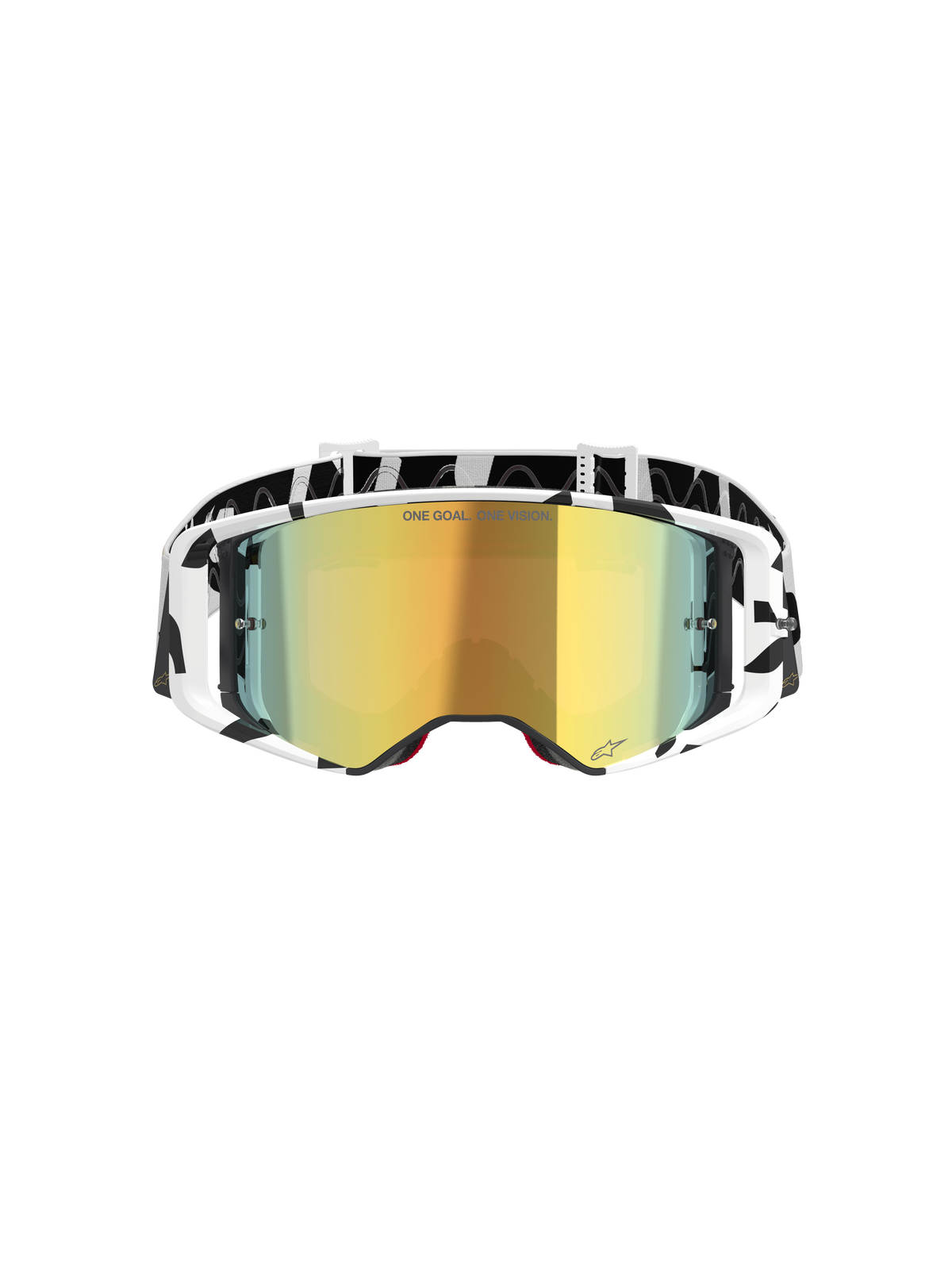 Alpinestars Supertech Corp Goggles Absolute Vision, Motocross Goggles, White and Gold Mirror, featuring a black and white graphic frame and strap, gold mirrored lens with 'ONE GOAL. ONE VISION.' text, high-performance off-road eyewear