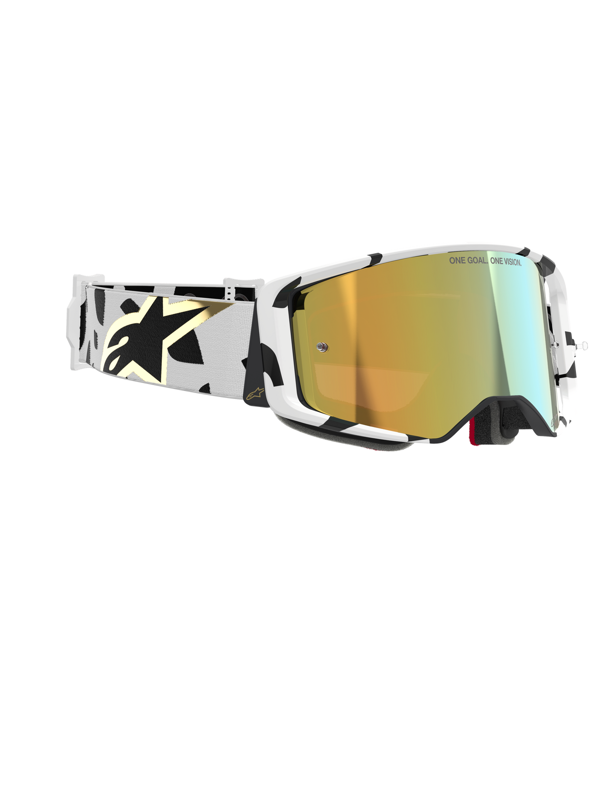 Alpinestars Supertech Corp Goggles Absolute Vision, Motocross Goggles, White frame with black graphic patterns, Gold Mirror lens, white and black strap with gold Alpinestars logo, high-performance protective eyewear for racing.