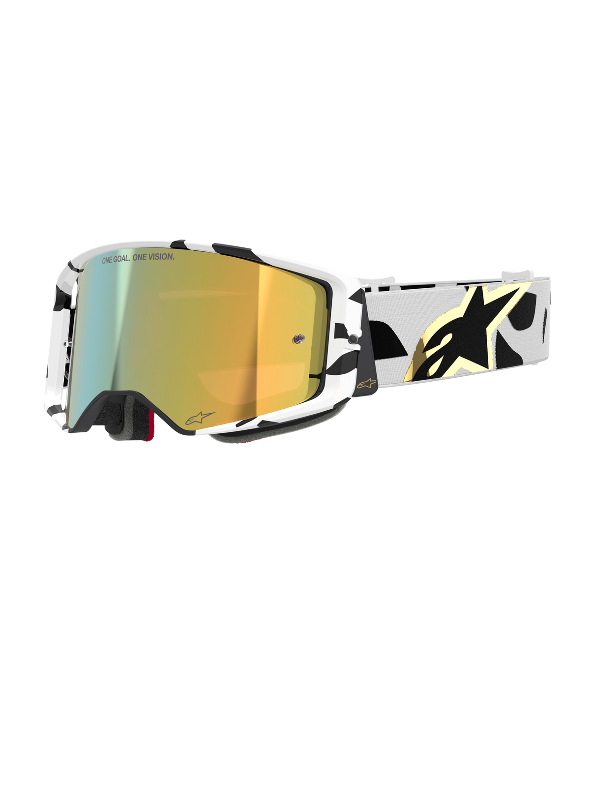 Alpinestars Supertech Corp Goggles Absolute Vision, Motocross Goggles, white and black patterned frame with gold mirror lens, wide strap with black abstract design and gold Alpinestars logo, "ONE GOAL. ONE VISION." branding on lens, high-performance racing gear.