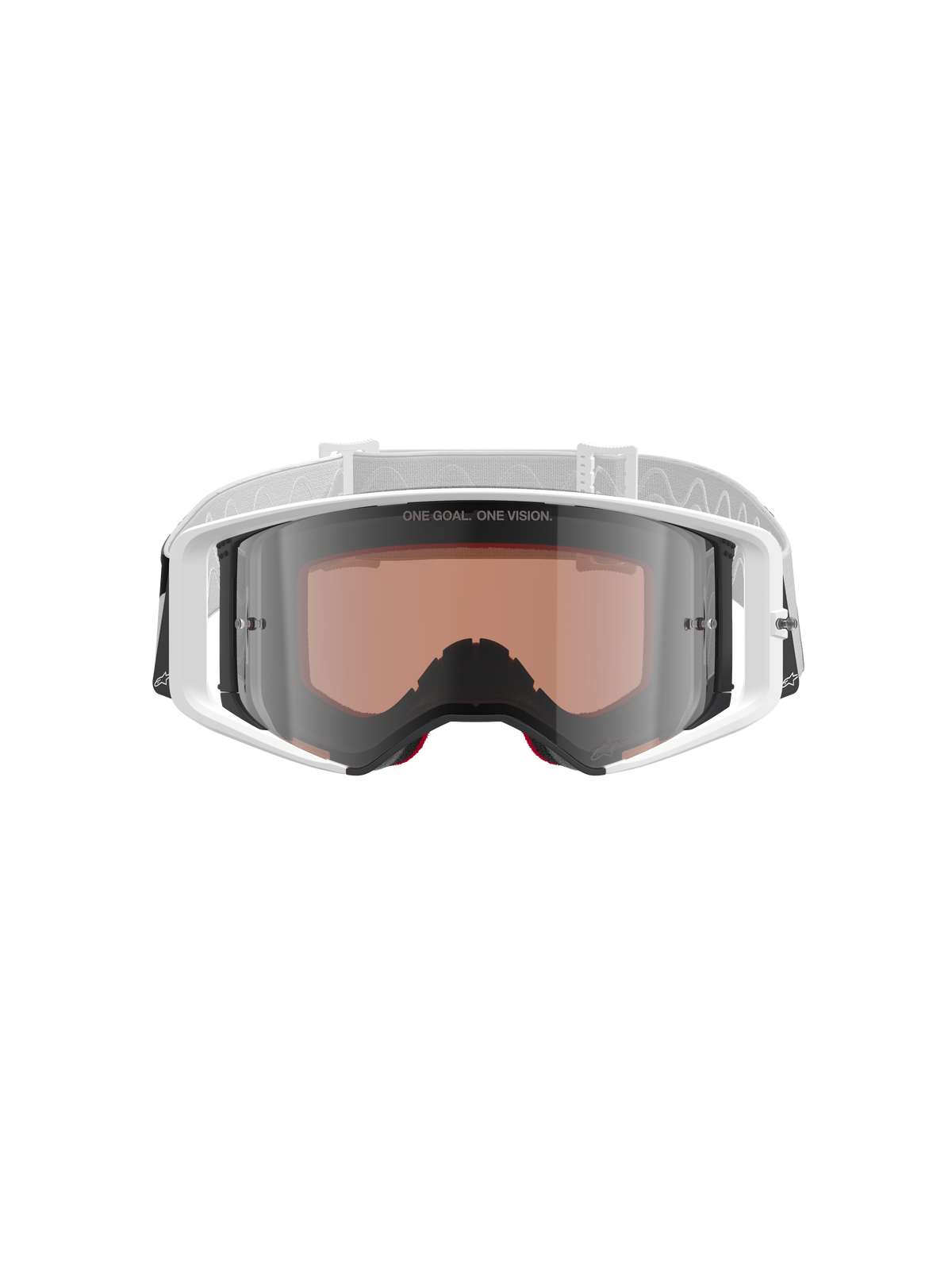 Alpinestars Supertech Corp Goggles Absolute Vision, Motocross-Brille, Weiß und Silber verspiegelt, Vorderansicht mit weißem Rahmen und silber verspiegelter Scheibe mit dem Schriftzug „ONE GOAL. ONE VISION.“, verstellbares weißes Band mit Alpinestars-Logo, Hochleistungs-Schutzausrüstung für den Offroad-Rennsport