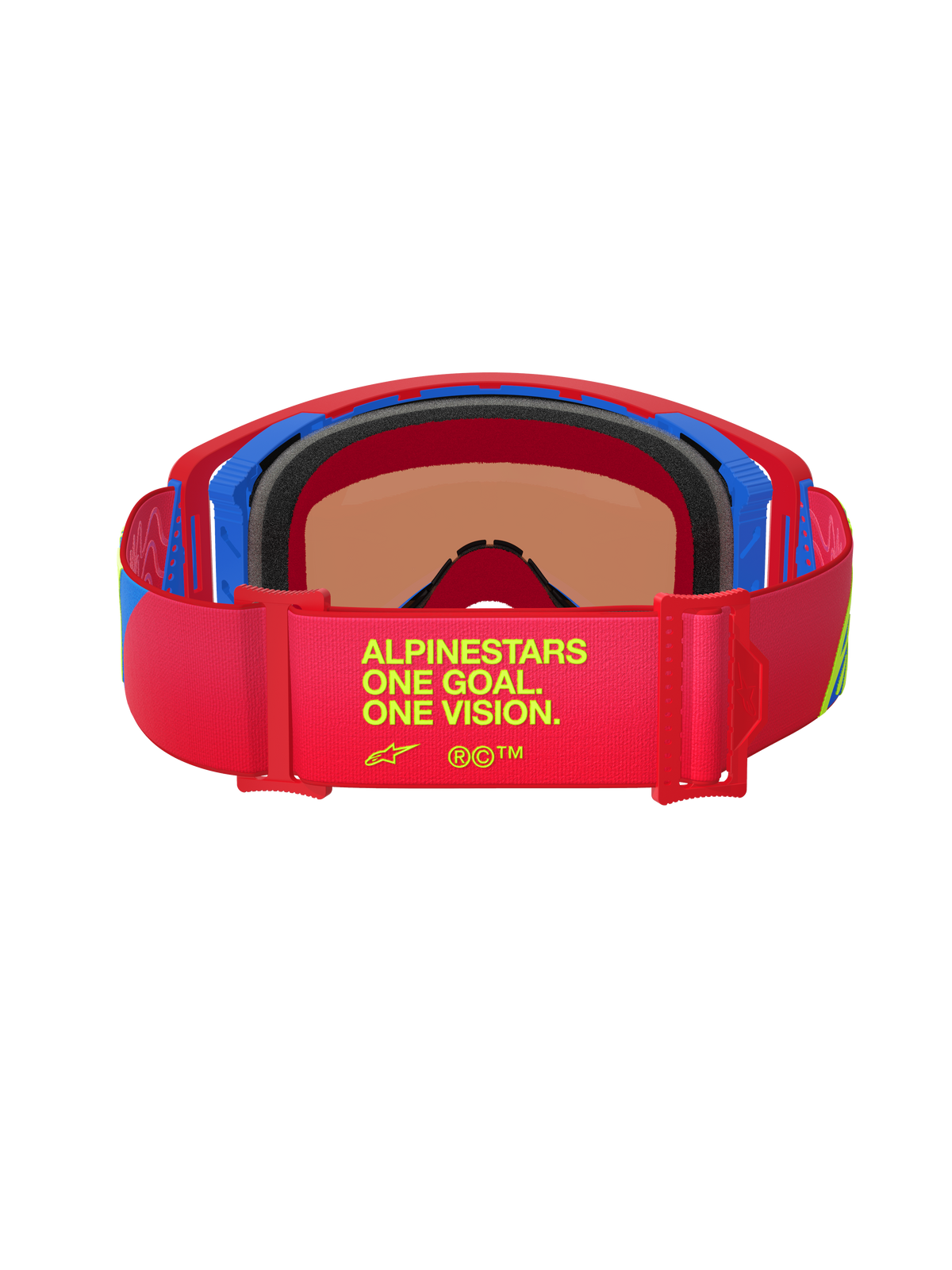 Alpinestars Supertech Corp Goggles Absolute Vision, Rückansicht, roter und blauer Rahmen, rotes elastisches Band mit gelbem „One Goal. One Vision.“ Text, mehrschichtiger schwarzer Gesichtsschaum, Hochleistungs-Motocross-Brille