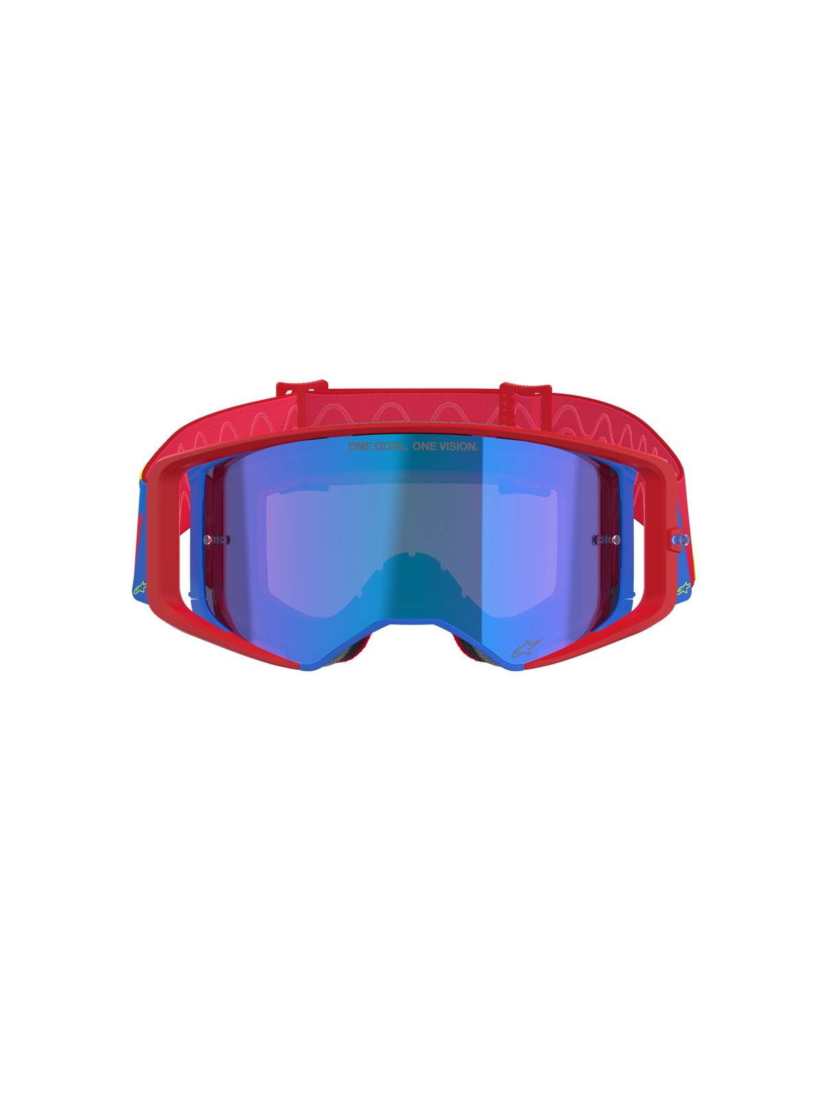 Alpinestars Supertech Corp Goggles Absolute Vision, Motocross-Brille, Rot und Blau mit blau verspiegelter Scheibe, auffälliger roter Rahmen mit blauen Akzenten, gemustertes rotes Band und „ONE GOAL... ONE VISION.“ Schriftzug auf der Scheibe.