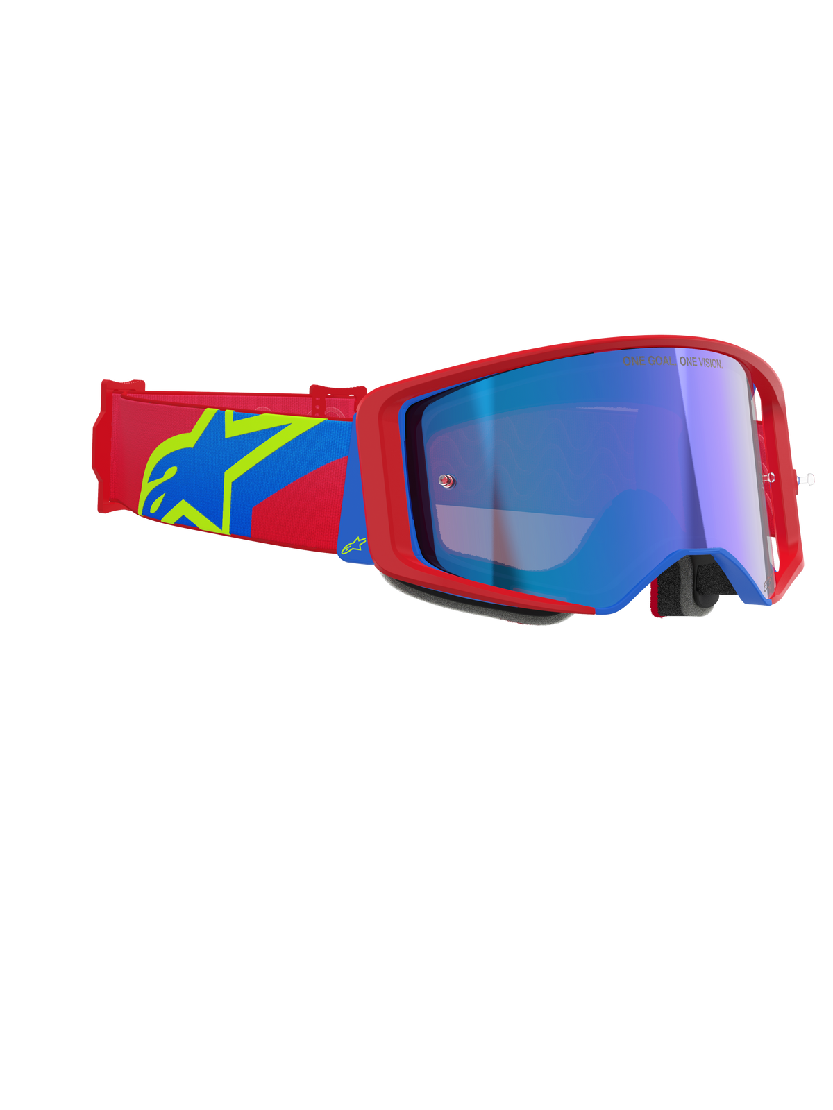 Alpinestars Supertech Corp Goggles Absolute Vision, Motocross-Brille, rot-blauer Rahmen mit blau verspiegelter Linse, rot-blaues Brillenband mit gelbem Alpinestars Stern-Logo, professionelle Offroad-Rennausrüstung