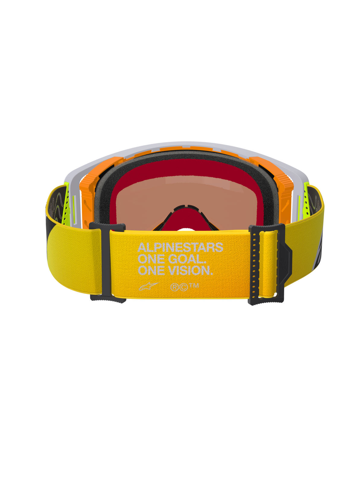 Alpinestars Supertech Corp Absolute Vision Schutzbrille, Rückansicht, neongelbes Band mit „ALPINESTARS ONE GOAL. ONE VISION.“-Branding, orange-grauer Rahmen mit mehrlagigem schwarzem Gesichtsschaum, warm getönte verspiegelte Linse, Hochleistungs-Motocross-Brille