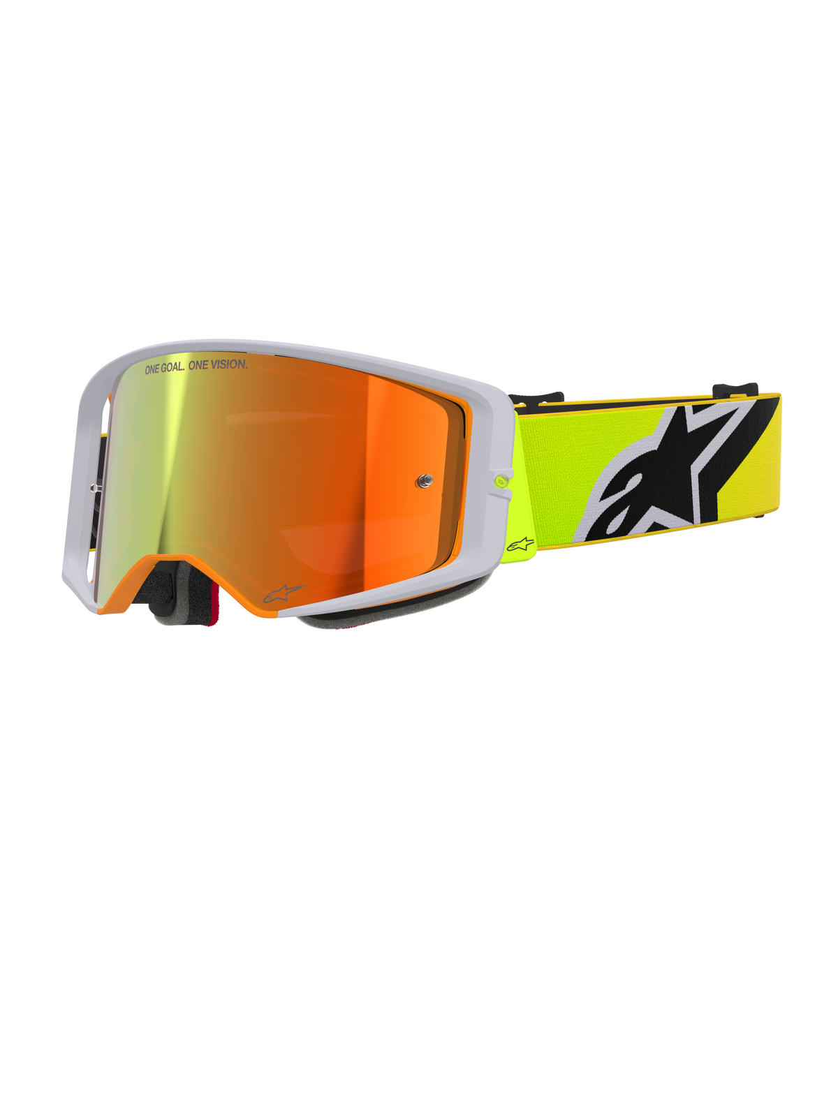Alpinestars Supertech Corp Absolute Vision Brille, Motocross-Brille, Gelb Fluo und Grau, rot verspiegelte Linse mit 'One Goal. One Vision.' Schriftzug, fluoreszierend gelbes Band mit markantem schwarz-weißem Alpinestars-Logo, Hochleistungs-Offroad-Brille