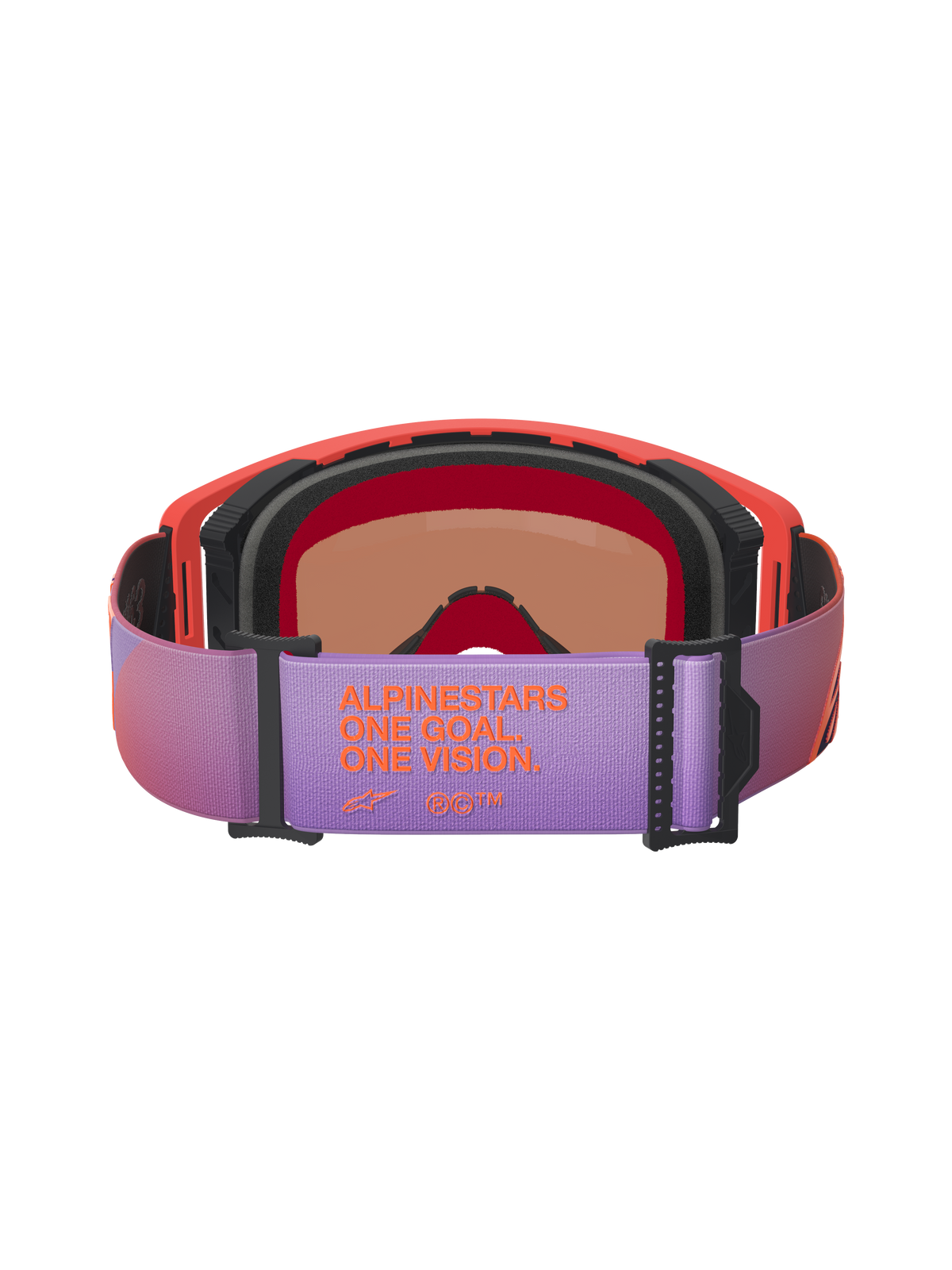 Alpinestars Supertech Vision Corp Goggles, Motocross Goggles, back view featuring a purple adjustable strap with orange 'ALPINESTARS ONE GOAL ONE VISION' branding, hot coral frame with black foam, high-performance eyewear for off-road racing