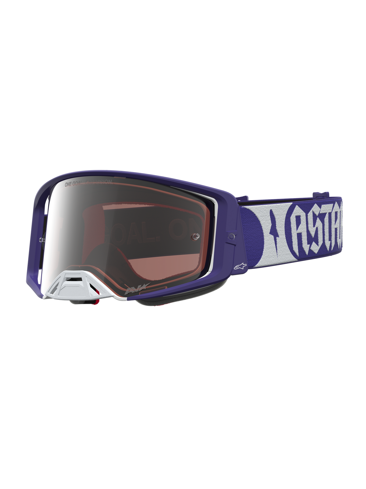 Alpinestars Supertech Atrox Schutzbrille, Motocross-Racing-Brille in Dunkelblau und Weiß mit silberner Spiegelscheibe.