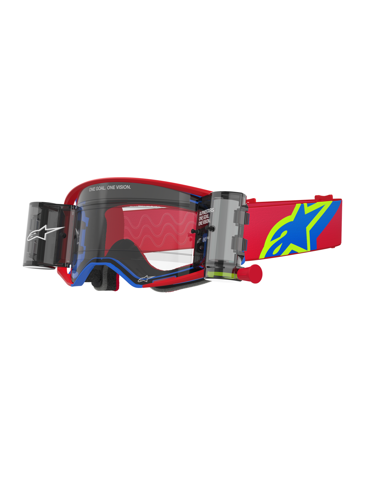 Alpinestars Supertech Corp Goggles Roll-Off, Motocross-Schutzbrille, Rot und Blau mit klarer Linse, integriertes Wide Vision Roll-Off-System, klare spritzgegossene Linse, roter Rahmen mit blauen Akzenten, breites rotes Band mit blauem und gelbem Stern-Logo, professioneller Augenschutz für den Offroad-Rennsport
