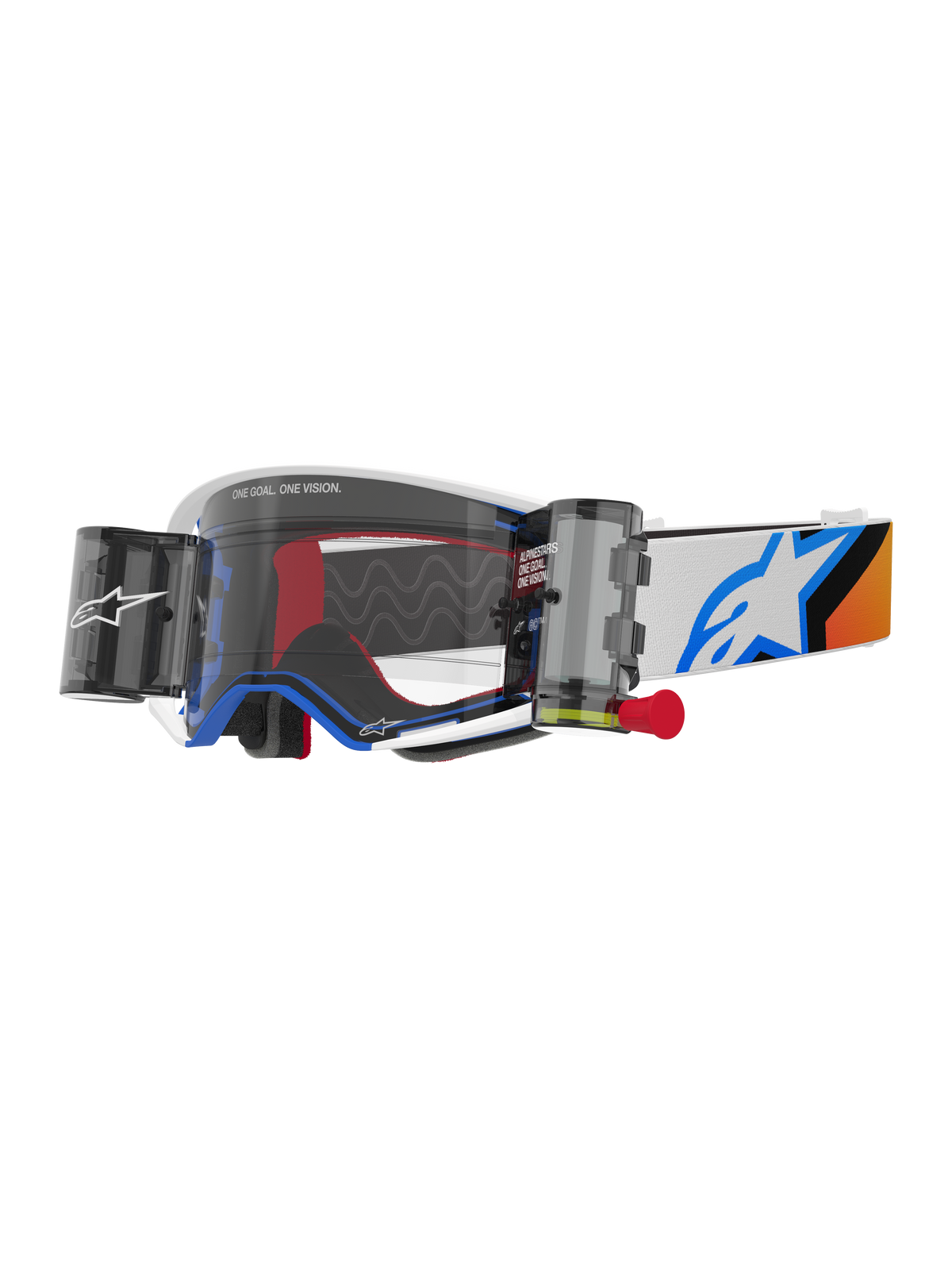 Alpinestars Supertech Corp Roll-Off-Brille, Motocross-Brille, blau-orangefarbenes Design, weißer Rahmen mit klarem Glas und Roll-Off-System, Wide-Vision-Kanister, blaues Astars-Logo auf dem Brillenband