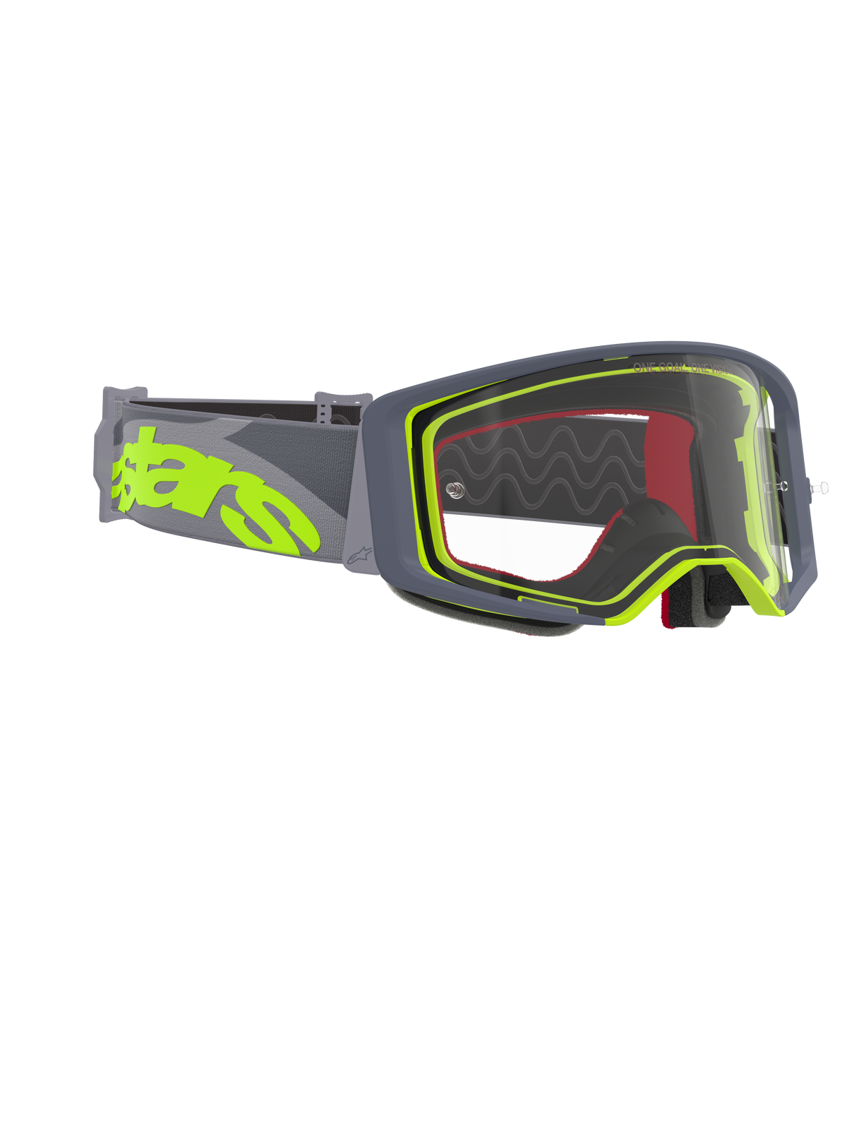 Alpinestars Supertech Stream Goggles, Motocross Goggles, Gray and Fluo Yellow frame with clear lens, featuring a wide gray strap with a large fluo yellow logo, designed for off-road and motocross racing performance