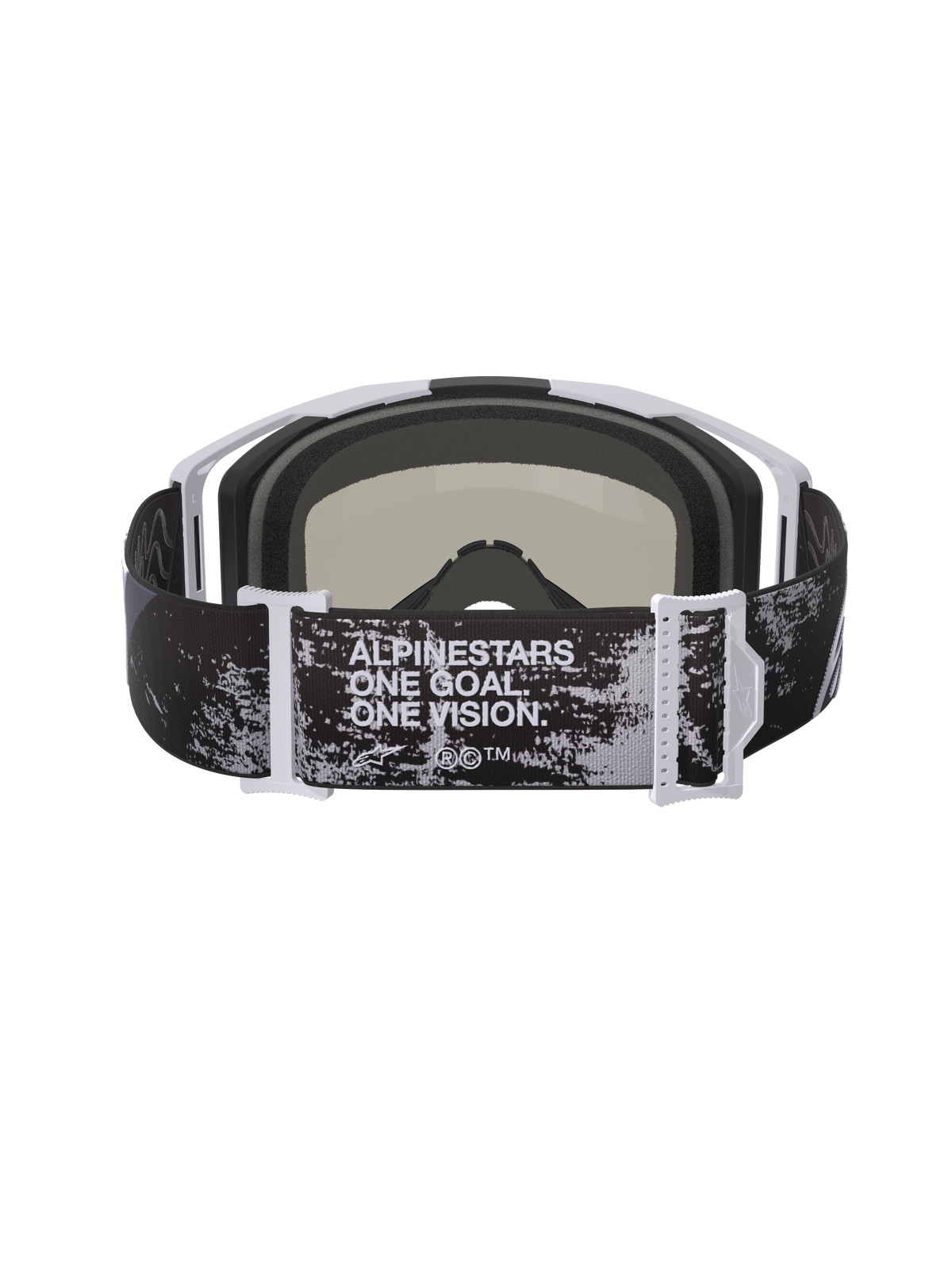Alpinestars Vision 8 Lahnd Goggles, Motocross Goggles, Iron Camo and Mirror Silver, rear view showing adjustable strap with 'ONE GOAL. ONE VISION.' text, camouflage pattern with white and grey frame accents