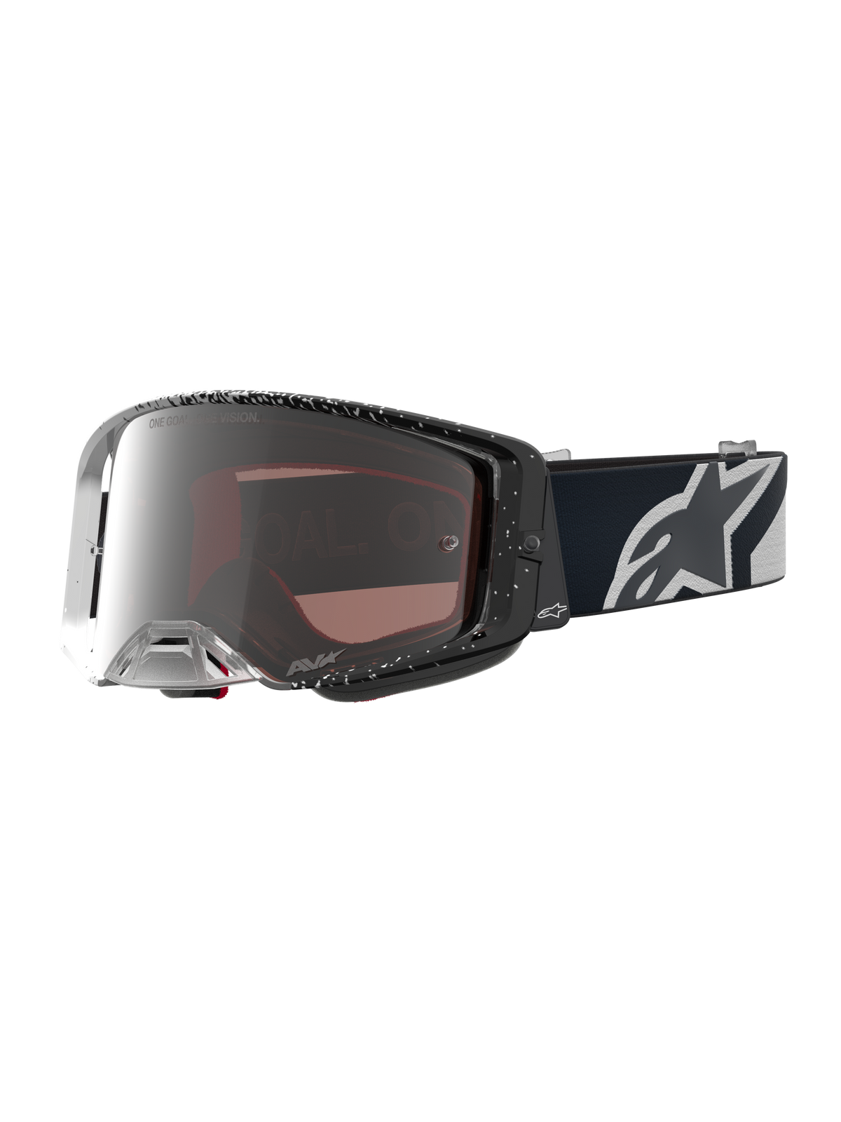 Alpinestars Supertech Hiten Schutzbrille, Motocross, Schwarz und Weiß, silber verspiegelte Scheibe, weites peripheres Sichtfeld.