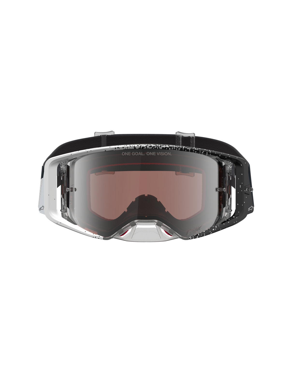 Alpinestars Supertech Hiten Motocross-Schutzbrille mit weiß-schwarz gesprenkeltem Rahmen und verspiegelter Silber-Linse.