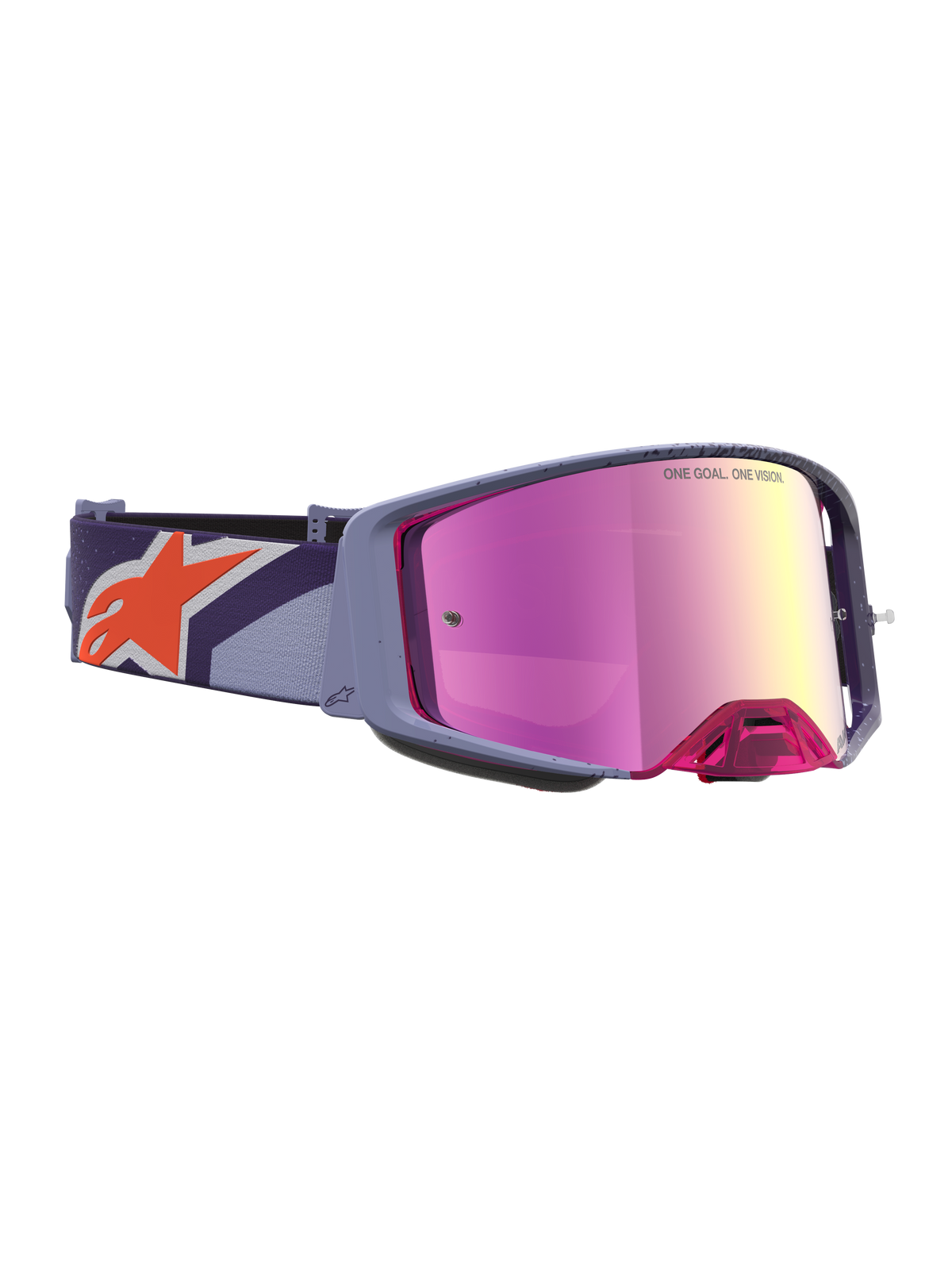 Alpinestars Supertech Hiten Schutzbrille, Motocross-Schutzbrille, Lila und Pink, rot-pink verspiegelte Scheibe, orangefarbenes Stern-Logo auf dem Band.