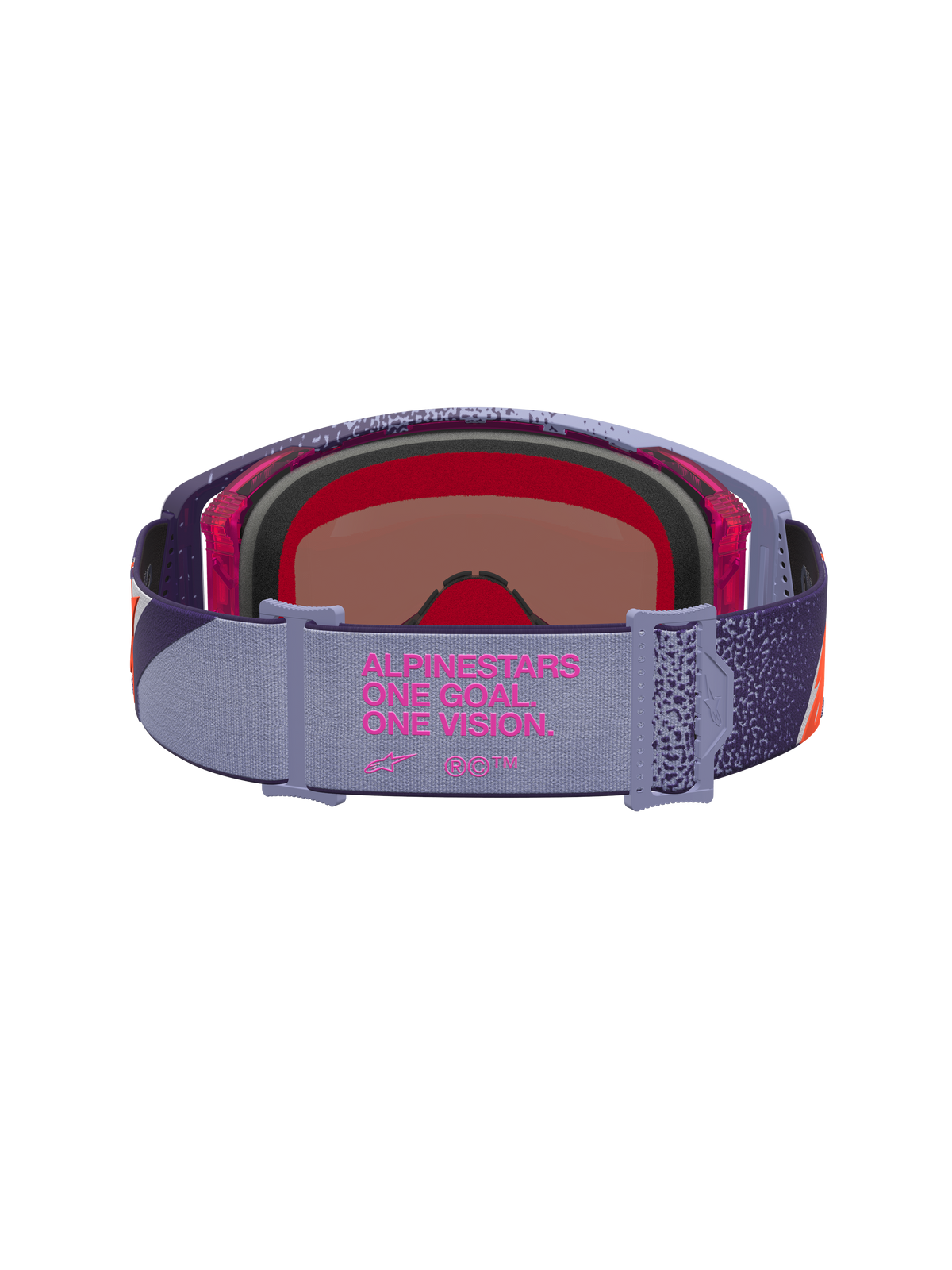 Alpinestars Supertech Hiten Schutzbrille, Motocross-Schutzbrille, Lila und Rot, Rückansicht mit elastischem Gurtband, pink verspiegelte Scheibe, 'One Goal. One Vision.' Slogan auf dem Band.