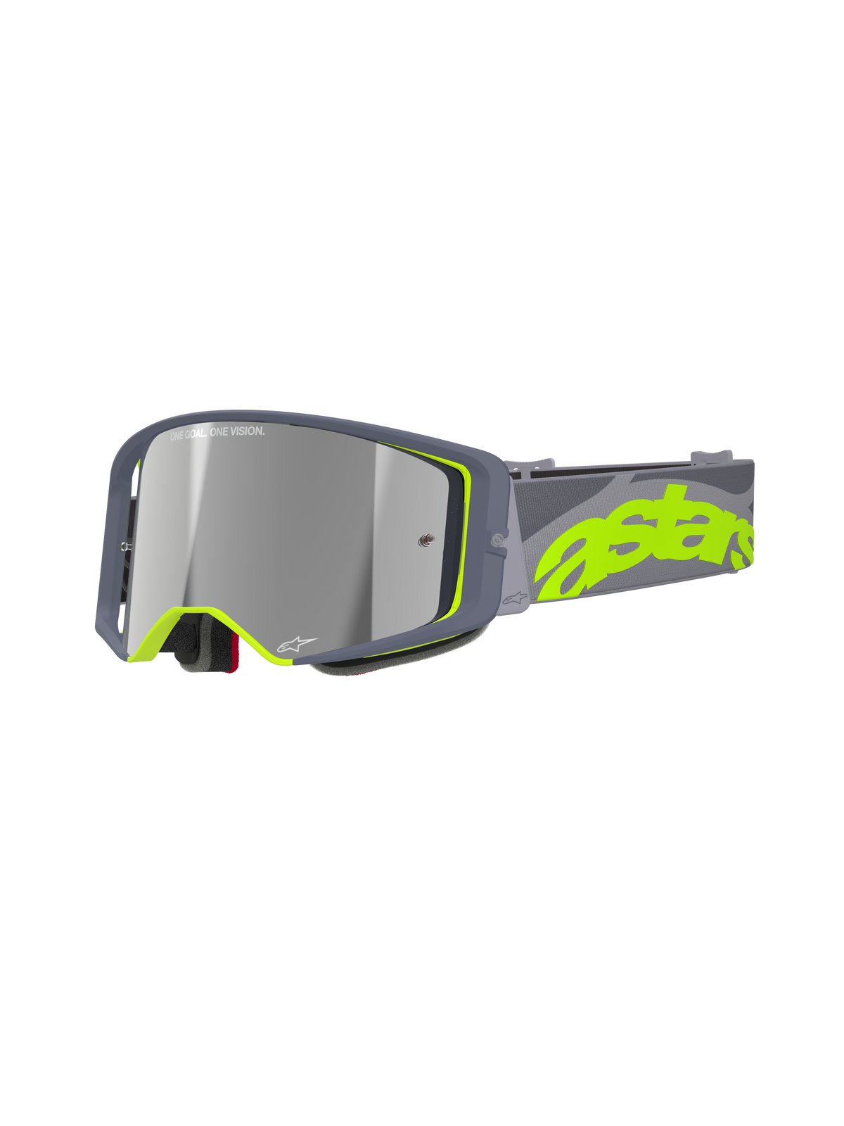 Alpinestars Supertech Stream Goggles, Motocross MX Racing Goggles, Gray and Fluorescent Yellow, featuring a Mirror Silver reflective lens, wide angular frame with foam padding, and adjustable strap with bold neon branding.