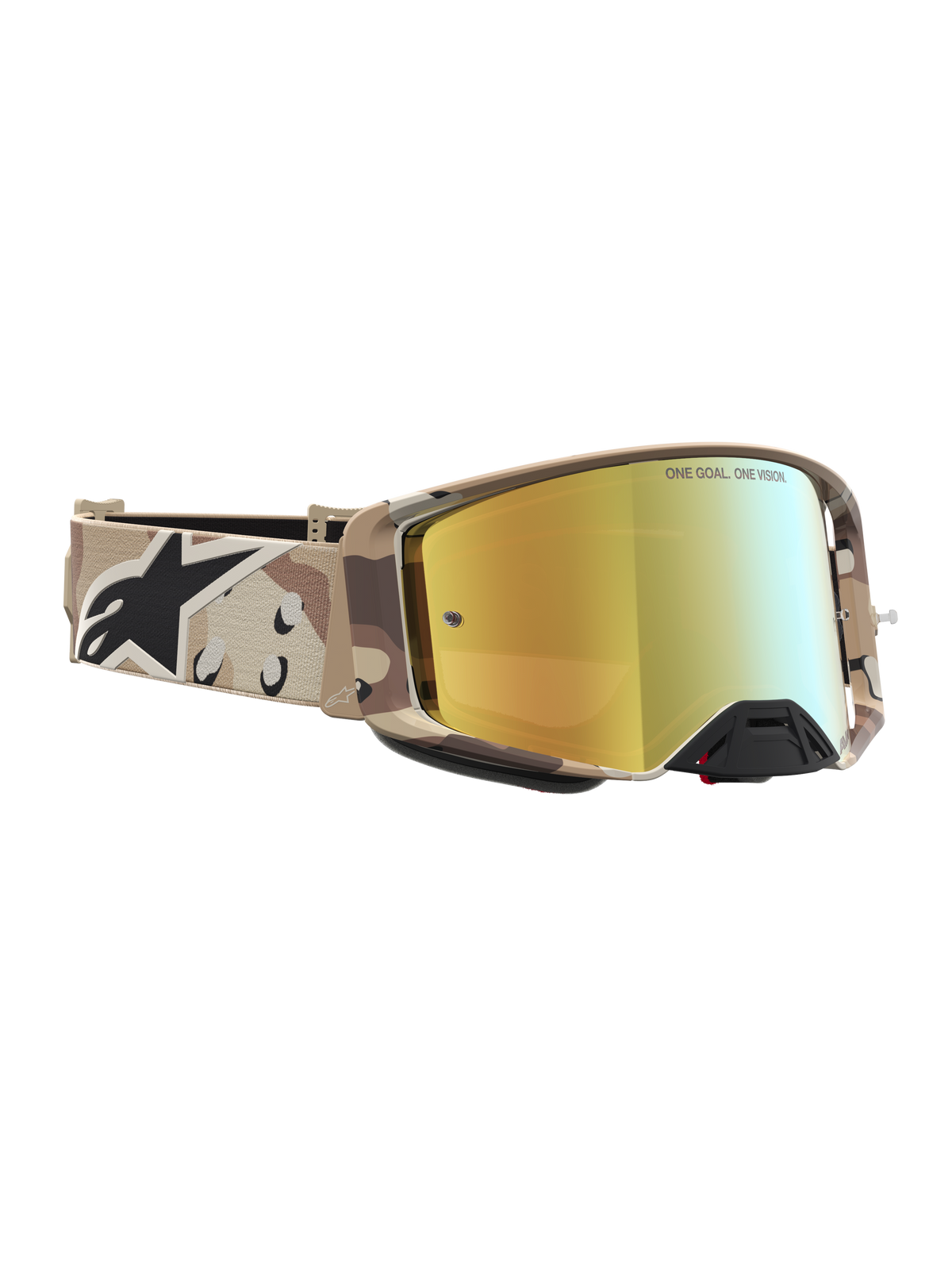 Alpinestars Supertech Lone Motocross-Schutzbrille, Sand-Camo-Wüstenmuster, Mirror-Gold-Linse, Offroad-Rennsport.