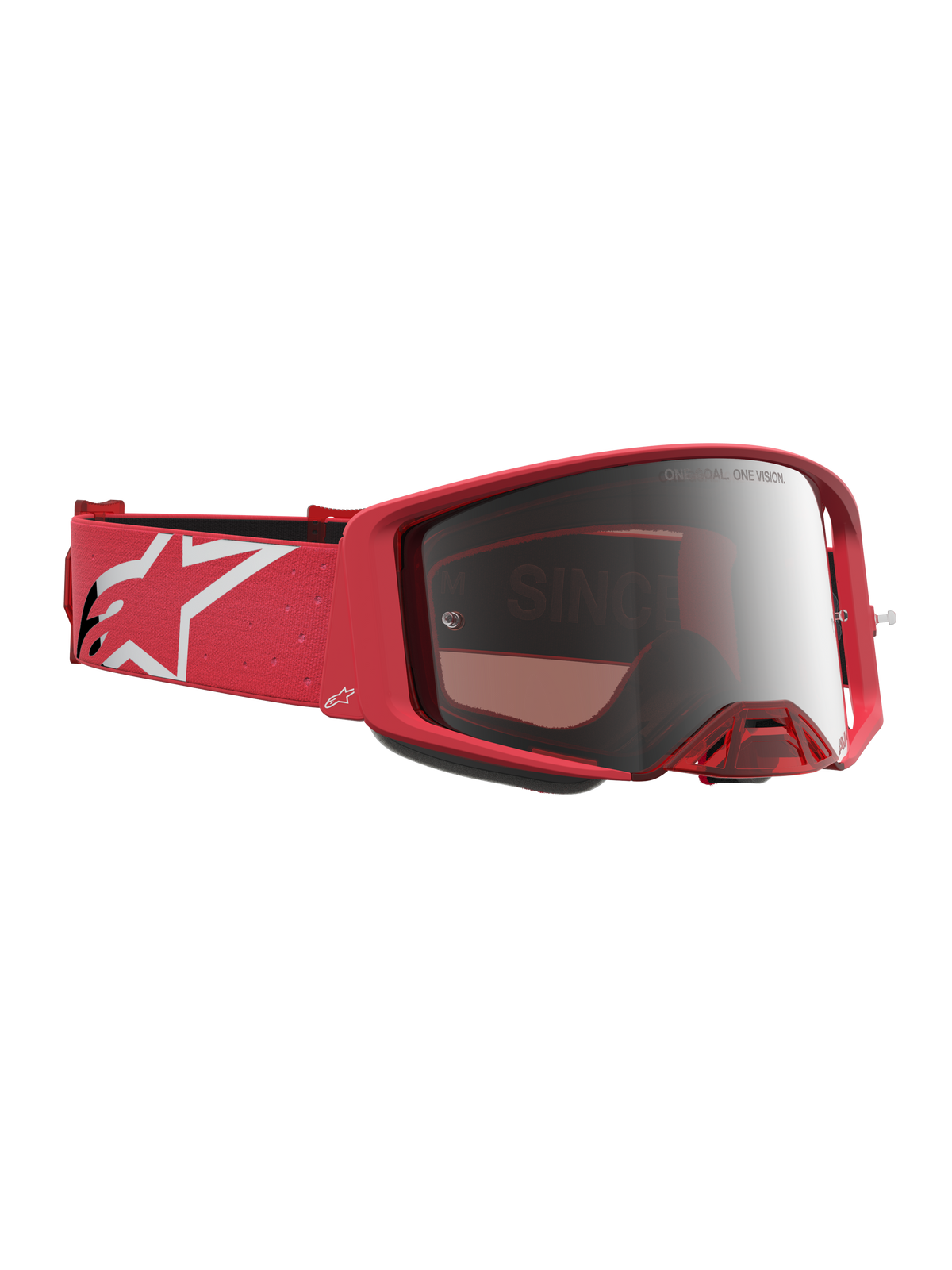 Alpinestars Supertech Vesta Schutzbrille, Motocross-Racing, Fluo-Rot und Silber-Verspiegelt, Brillenband mit weißem Stern-Logo.