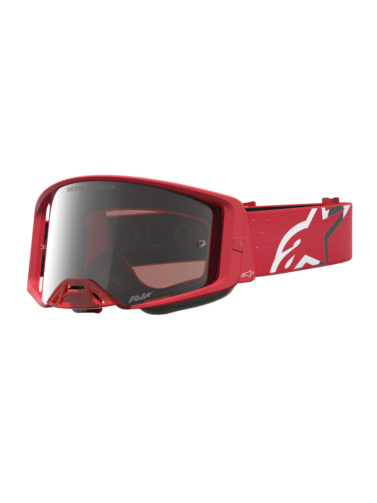 Alpinestars Supertech Vesta Motocross-Schutzbrille, Rot Fluo, verspiegeltes Chrome-Mirror-Silber-Glas, weißes Logo-Band.