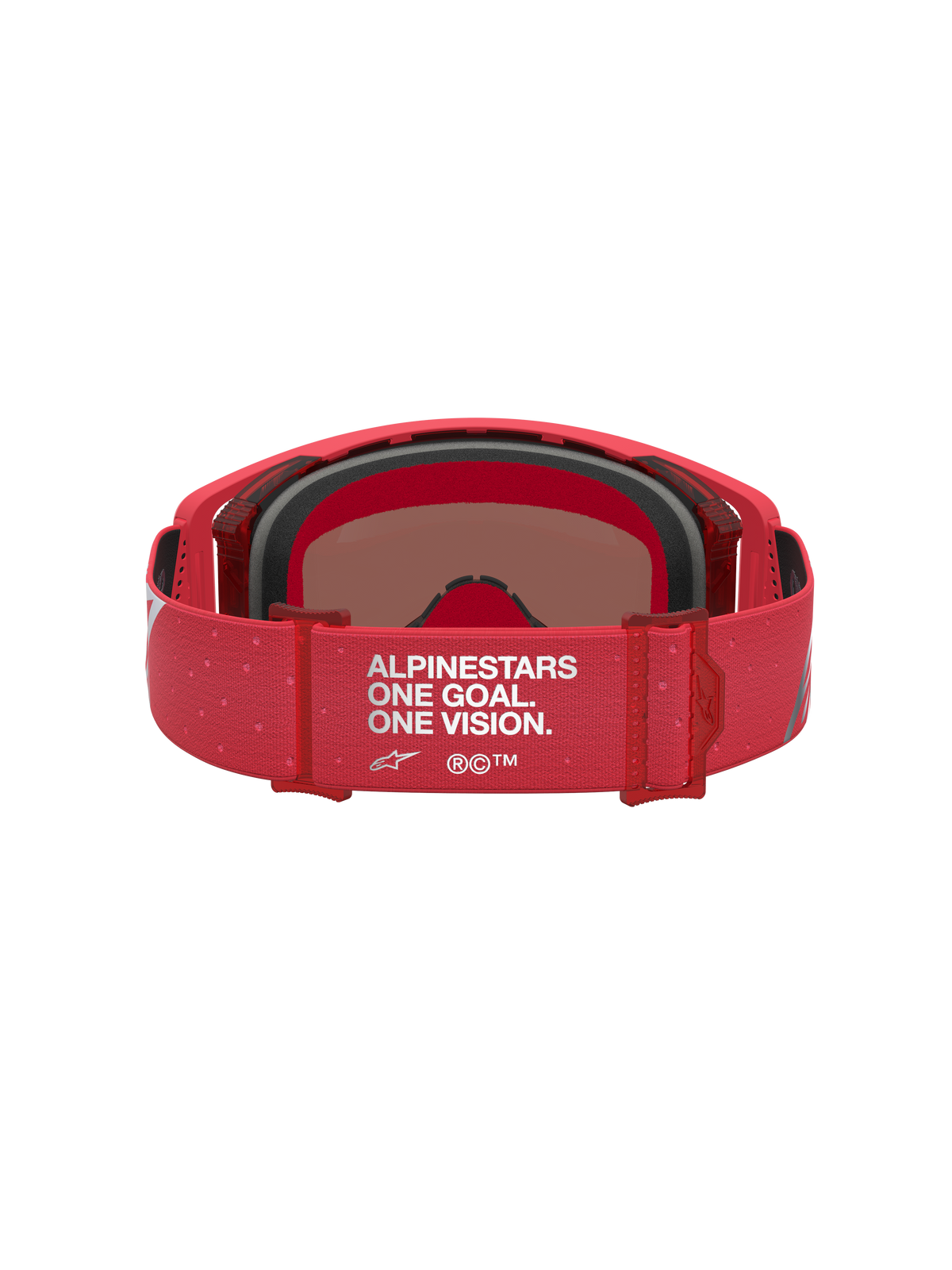 Alpinestars Supertech Vesta Schutzbrille, Motocross-Brille, Fluoreszierendes Rot und Silber, Rückansicht mit verstellbarem Band und One Goal One Vision-Slogan.