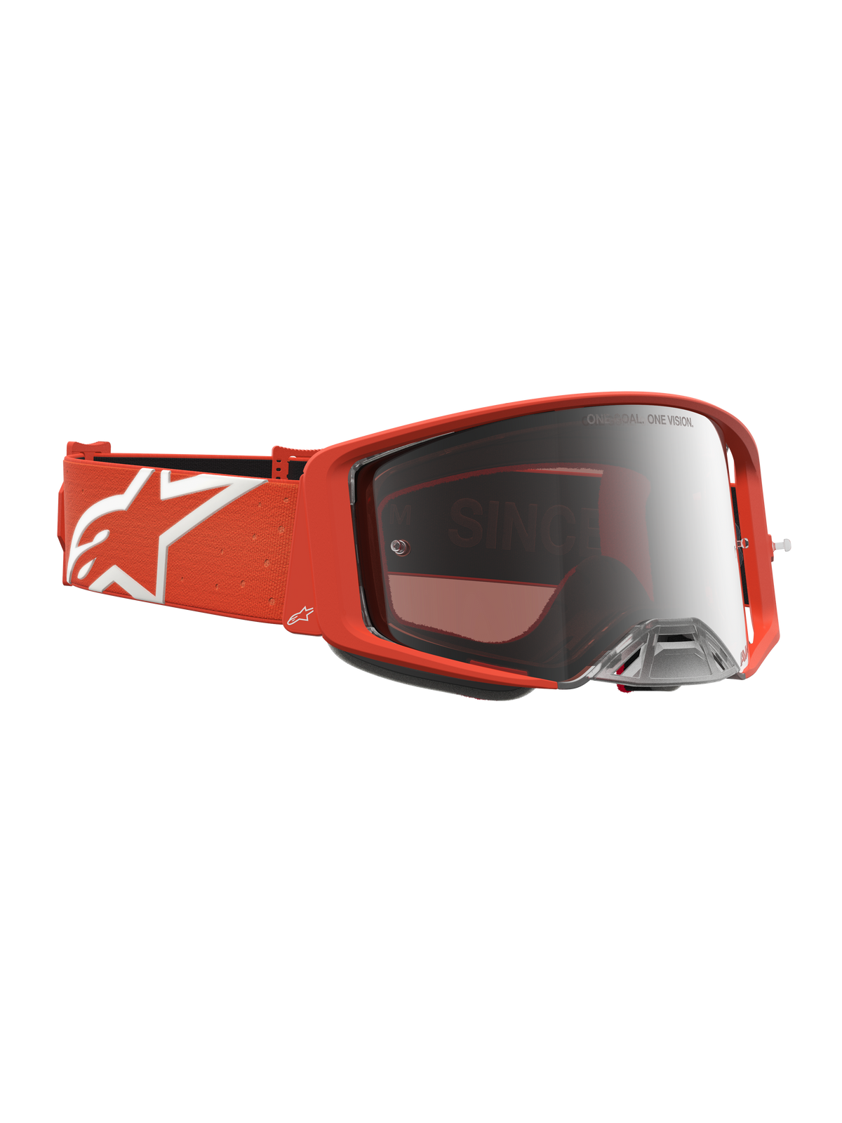Alpinestars Supertech Schutzbrille Vesta, Motocross-Schutzbrille, Orange und Silber verspiegelt, Rennsportbrille mit weißem Stern-Logo auf dem Band.