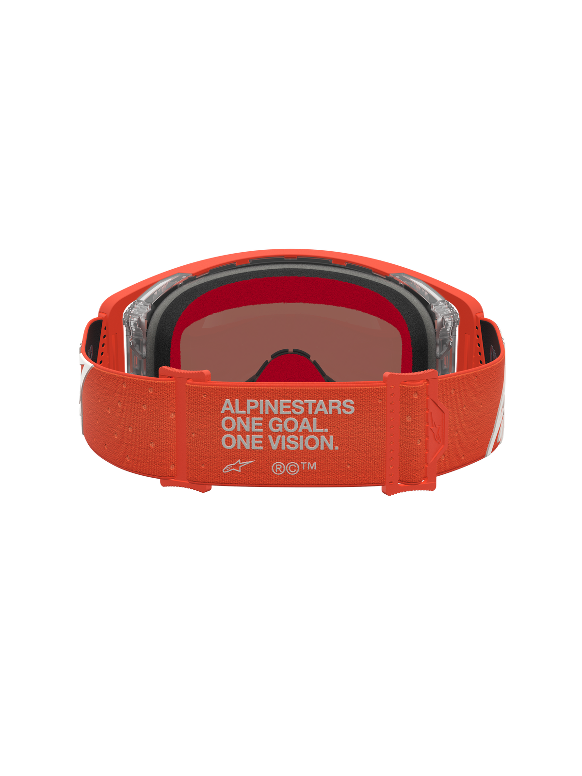 Alpinestars Supertech Schutzbrille Vesta, Motocross-Brille, Orange, Rückansicht mit Halteband und Innenschaumstoff.
