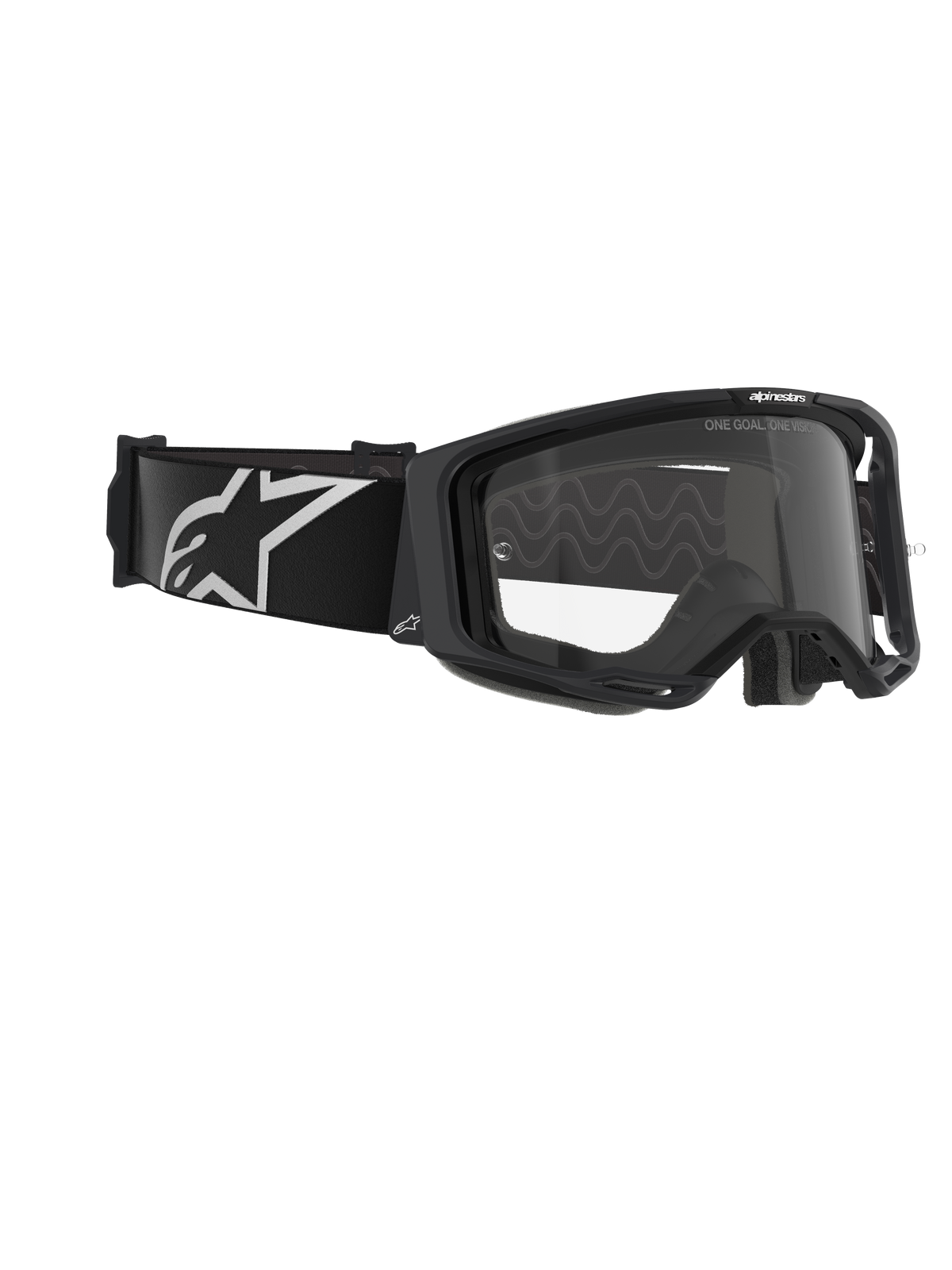 Alpinestars Vision 8 Corp Goggles, Motocross Goggles, Black frame with Clear lens, wide black woven strap featuring white A-star logo, clear protective eyewear with 'ONE GOAL. ONE VISION.' text, professional racing design for off-road performance